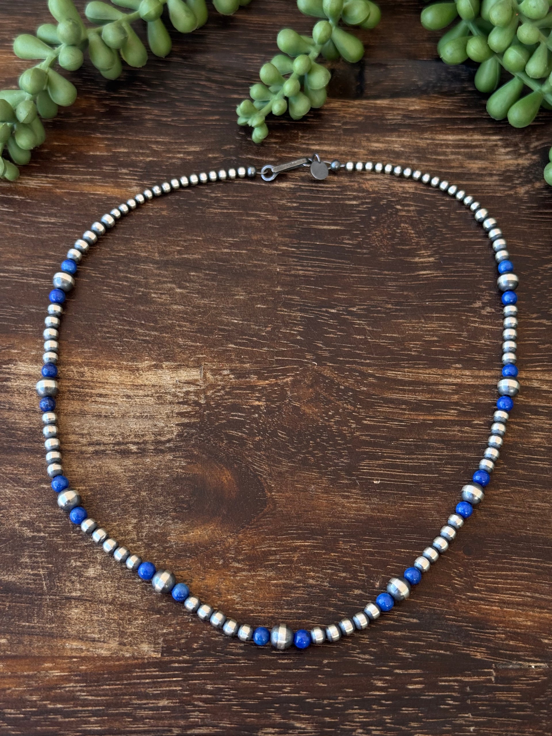 Navajo Strung Lapis & Sterling Silver Graduated Pearl Necklace