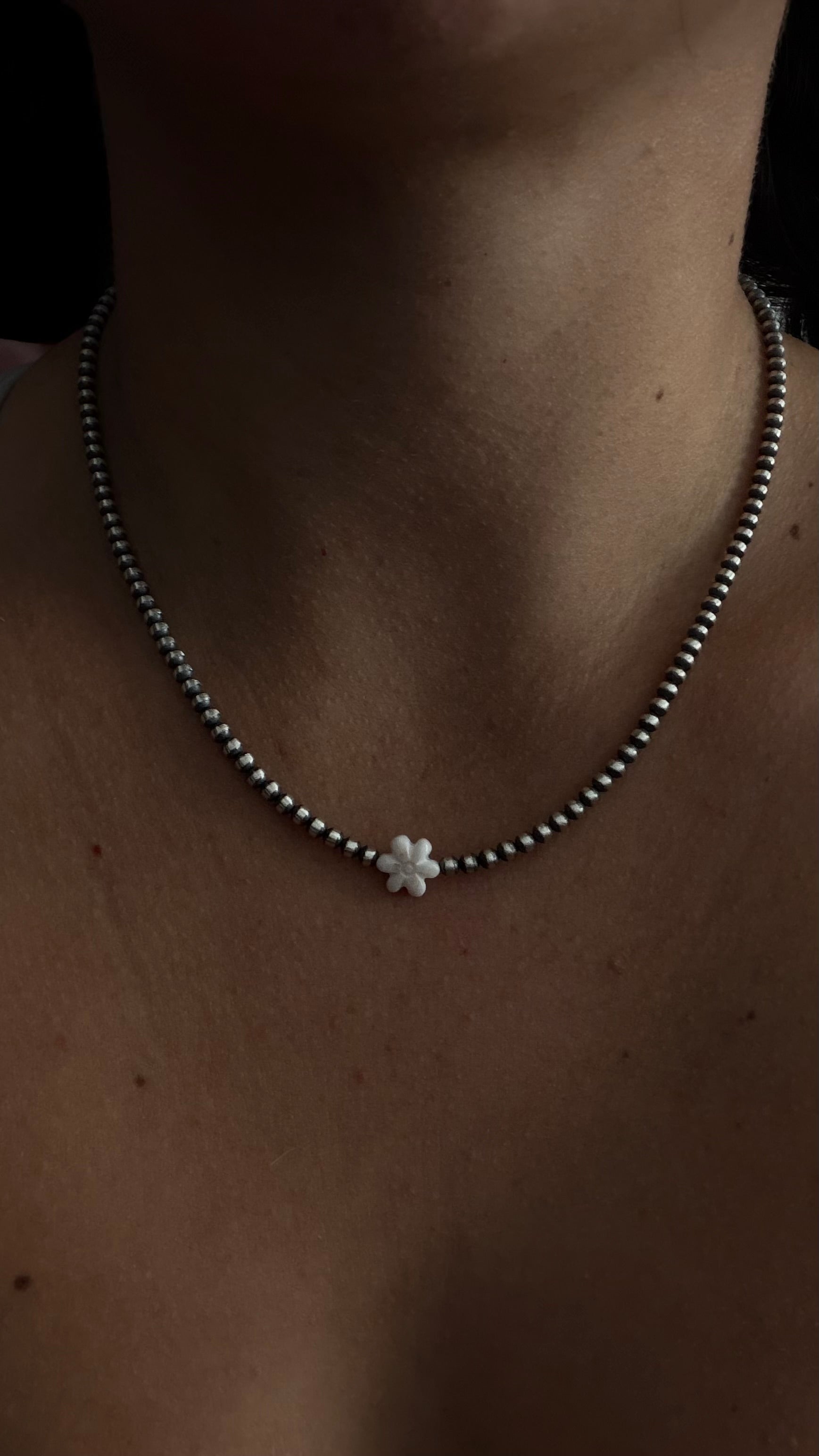 Navajo Strung Pink Conch & Sterling Silver Flower 16” Necklace