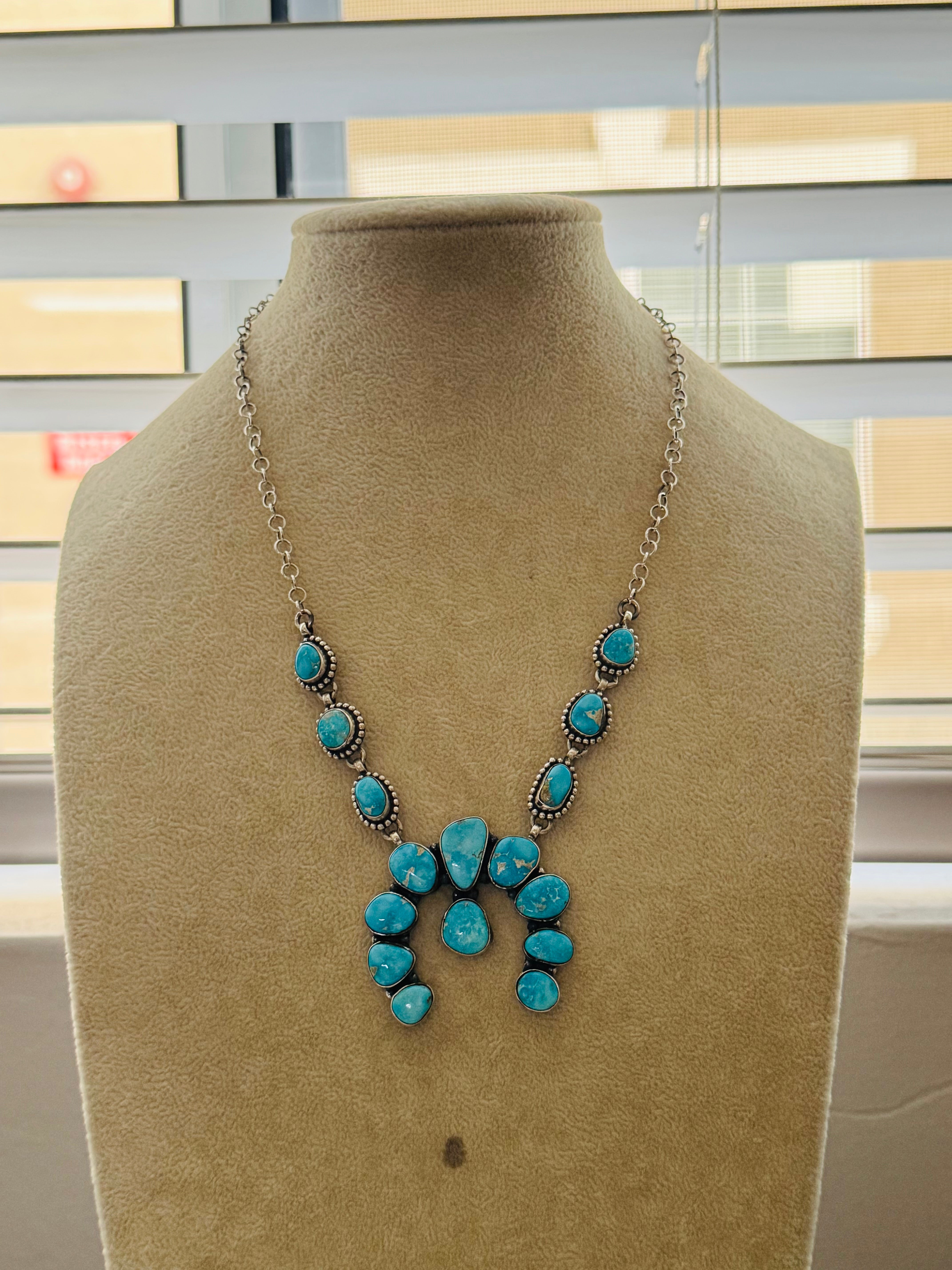 TTD Valley Blue Turquoise & Sterling Silver Squash Naja Necklace