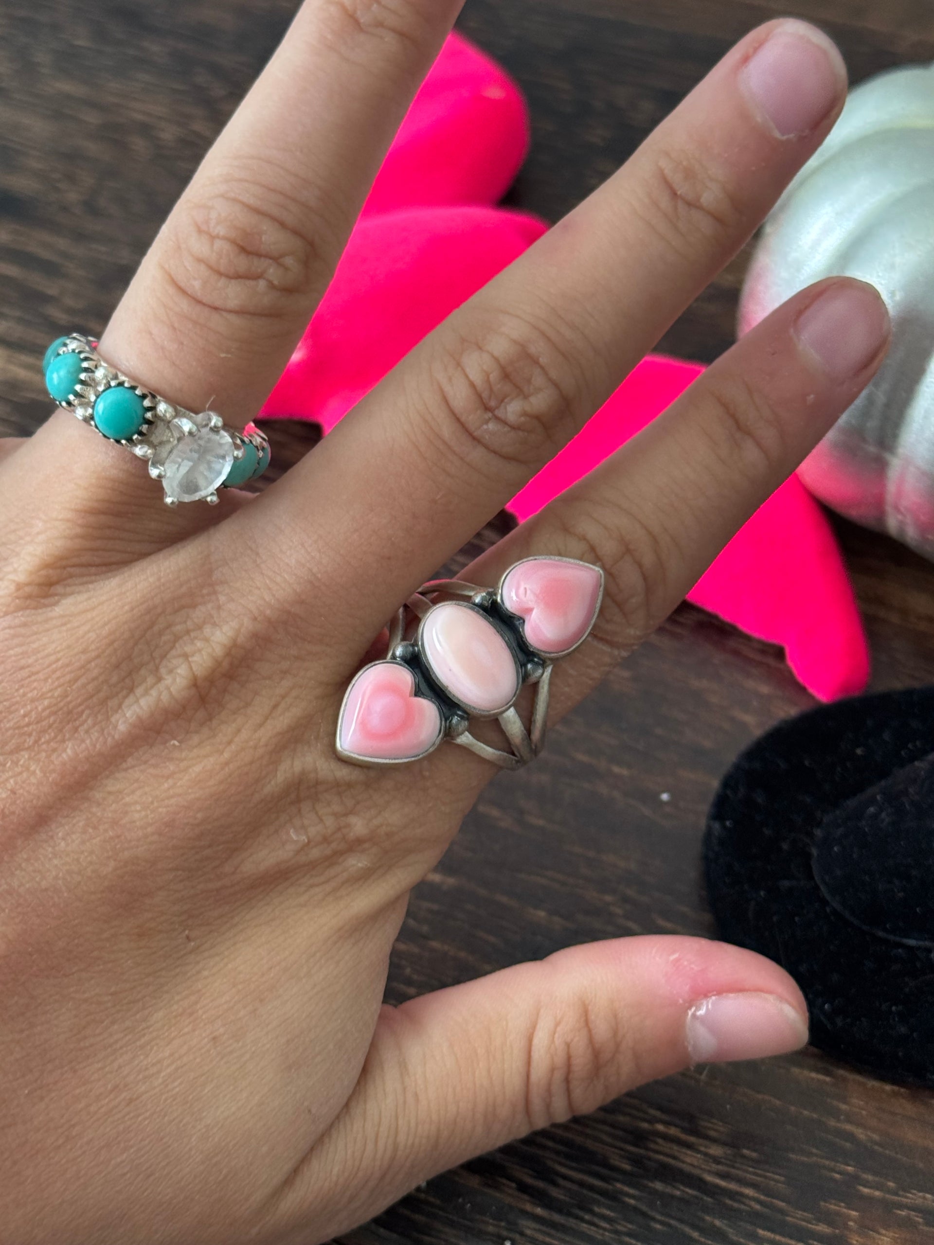 Navajo Made Pink Conch & Sterling Silver Heart Ring