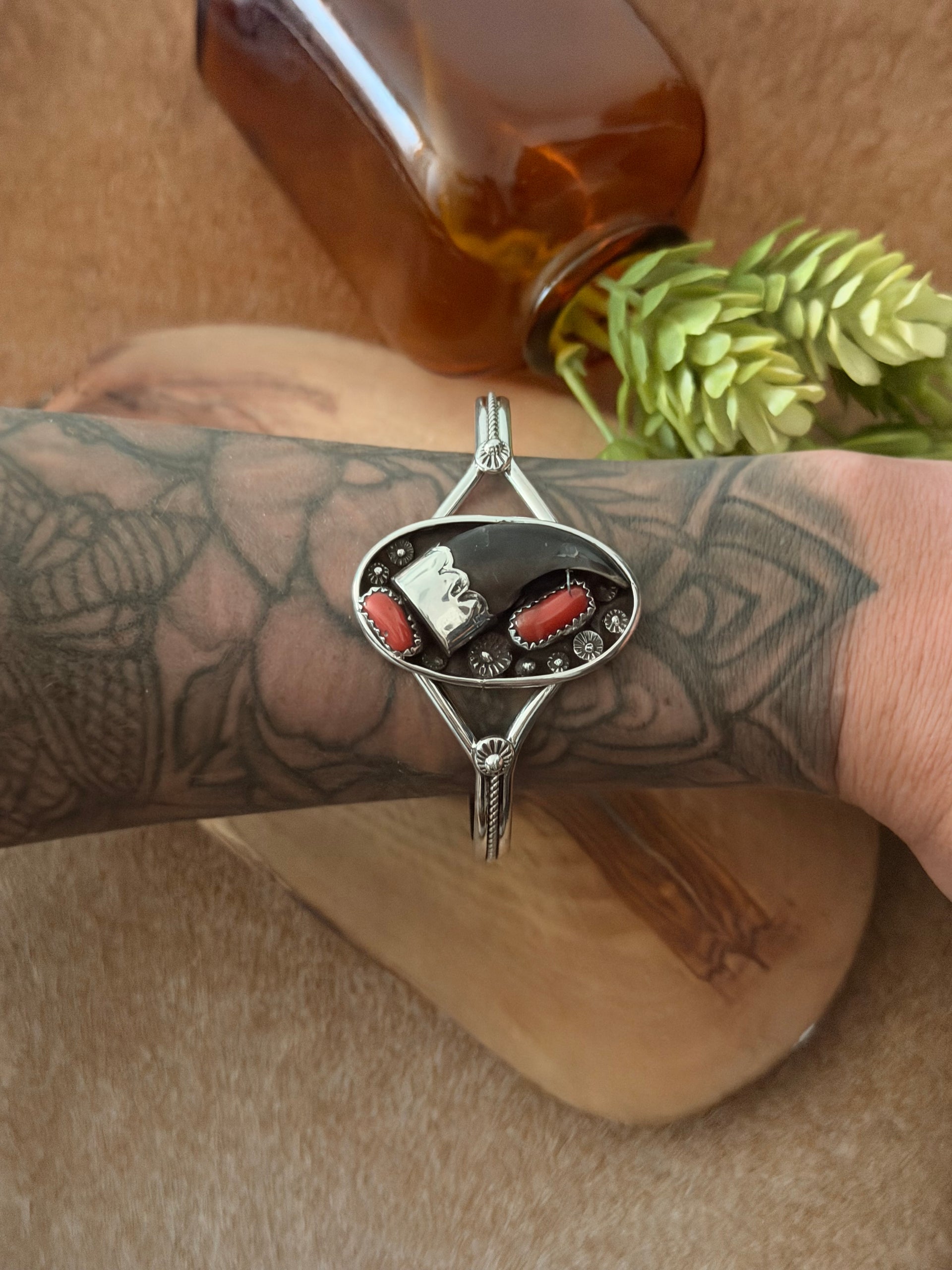 Navajo Made Coral & Sterling Silver Cuff Bracelet