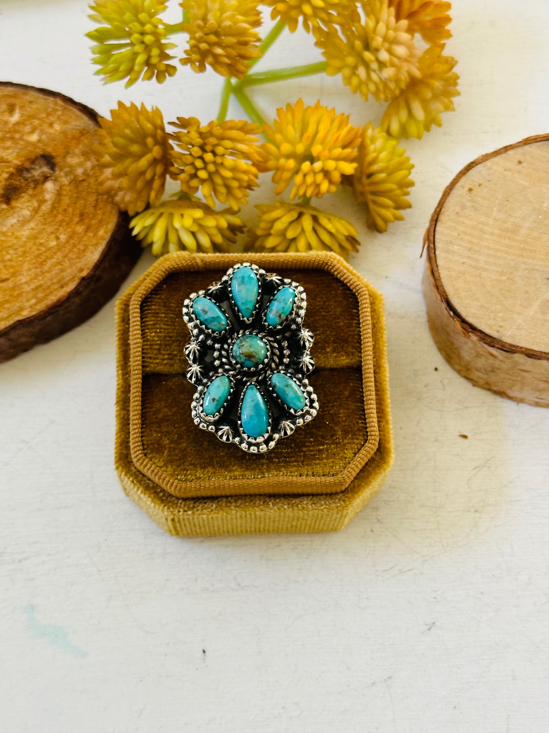 TTD “Sky Cascade” Kingman & Sterling Silver Adjustable Cluster Ring