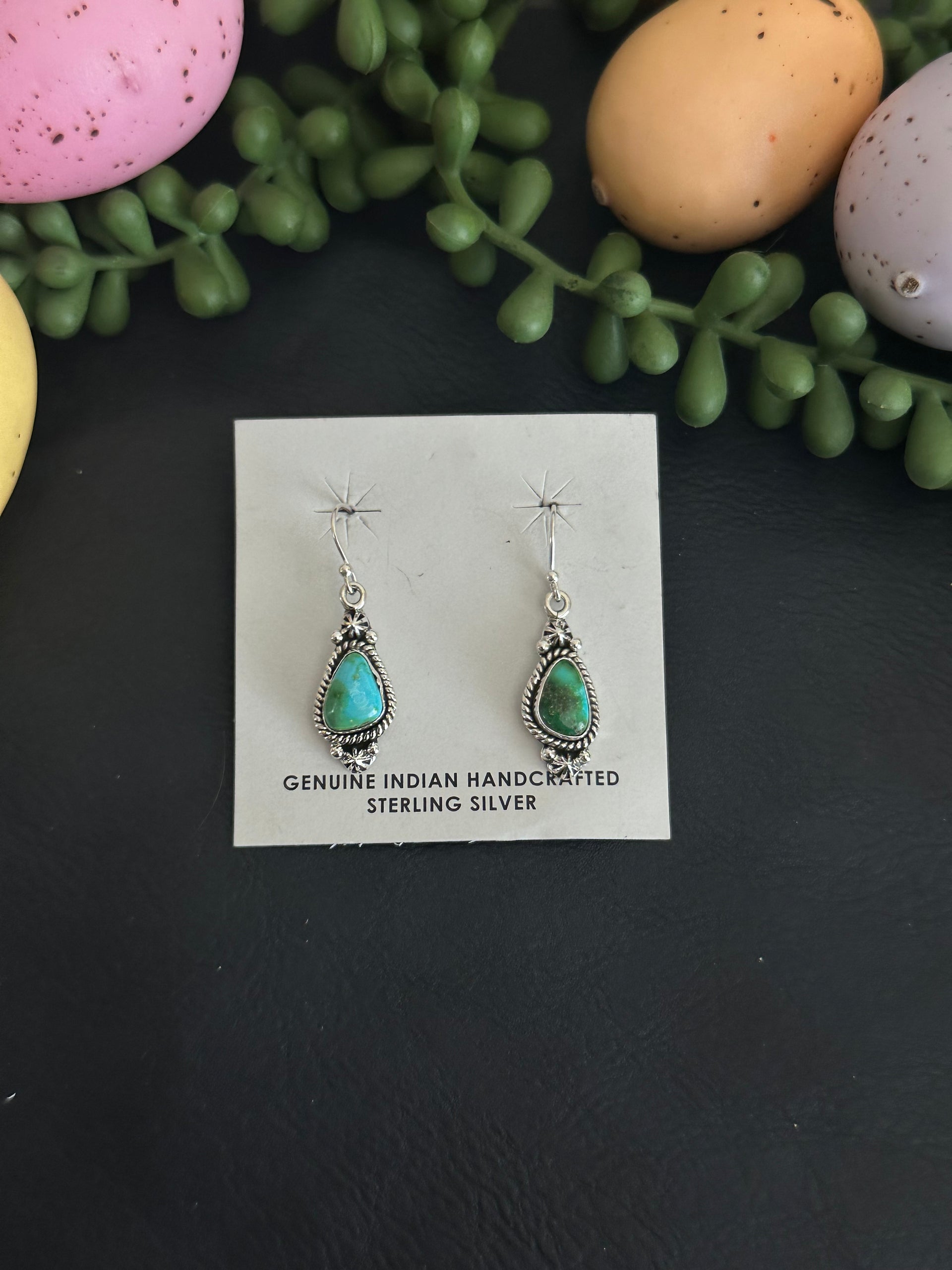 Southwest Handmade Sonoran Gold Turquoise & Sterling Silver Dangle Earrings