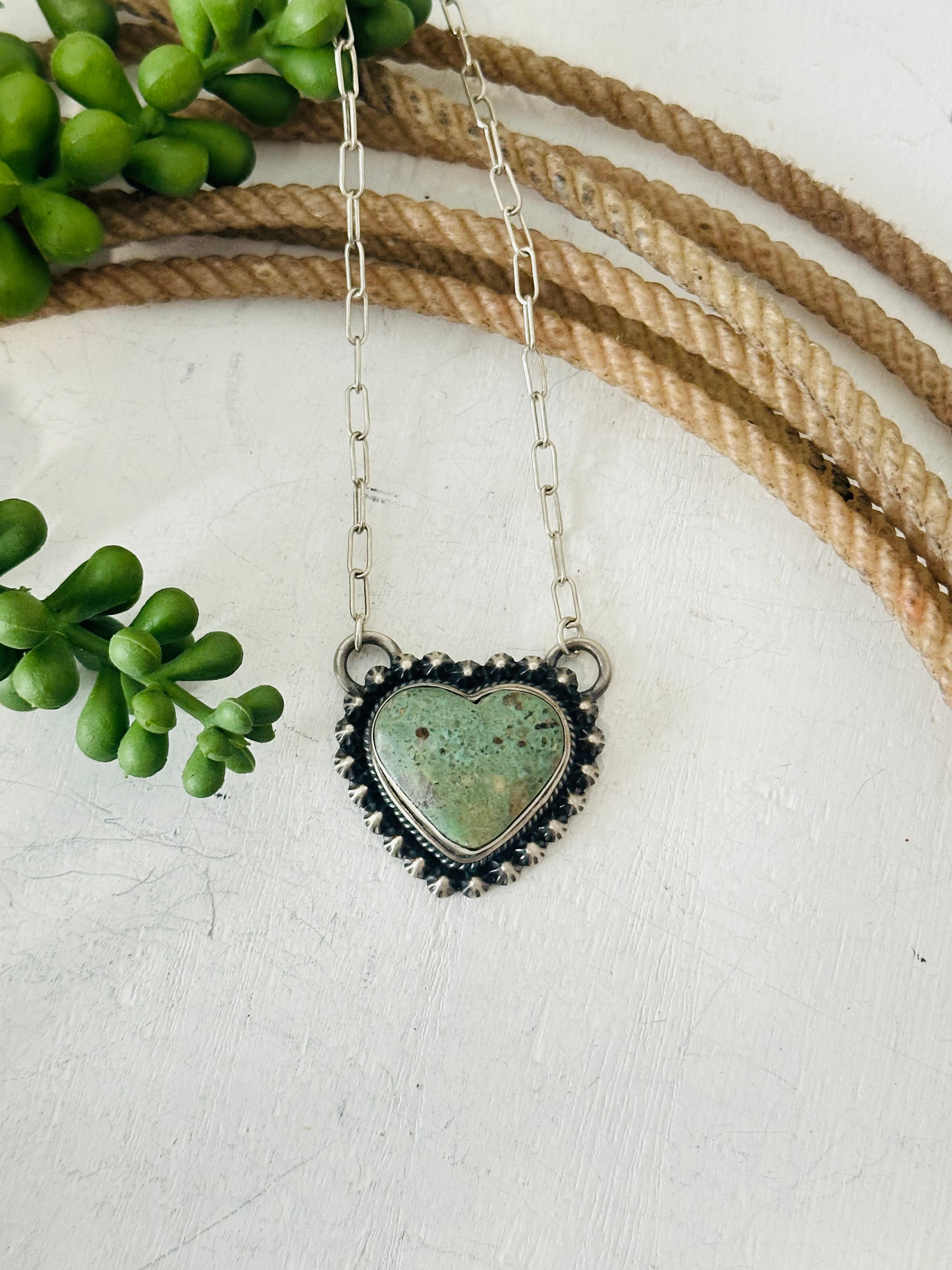 Navajo Made Kingman Turquoise & Sterling Silver Heart Necklace