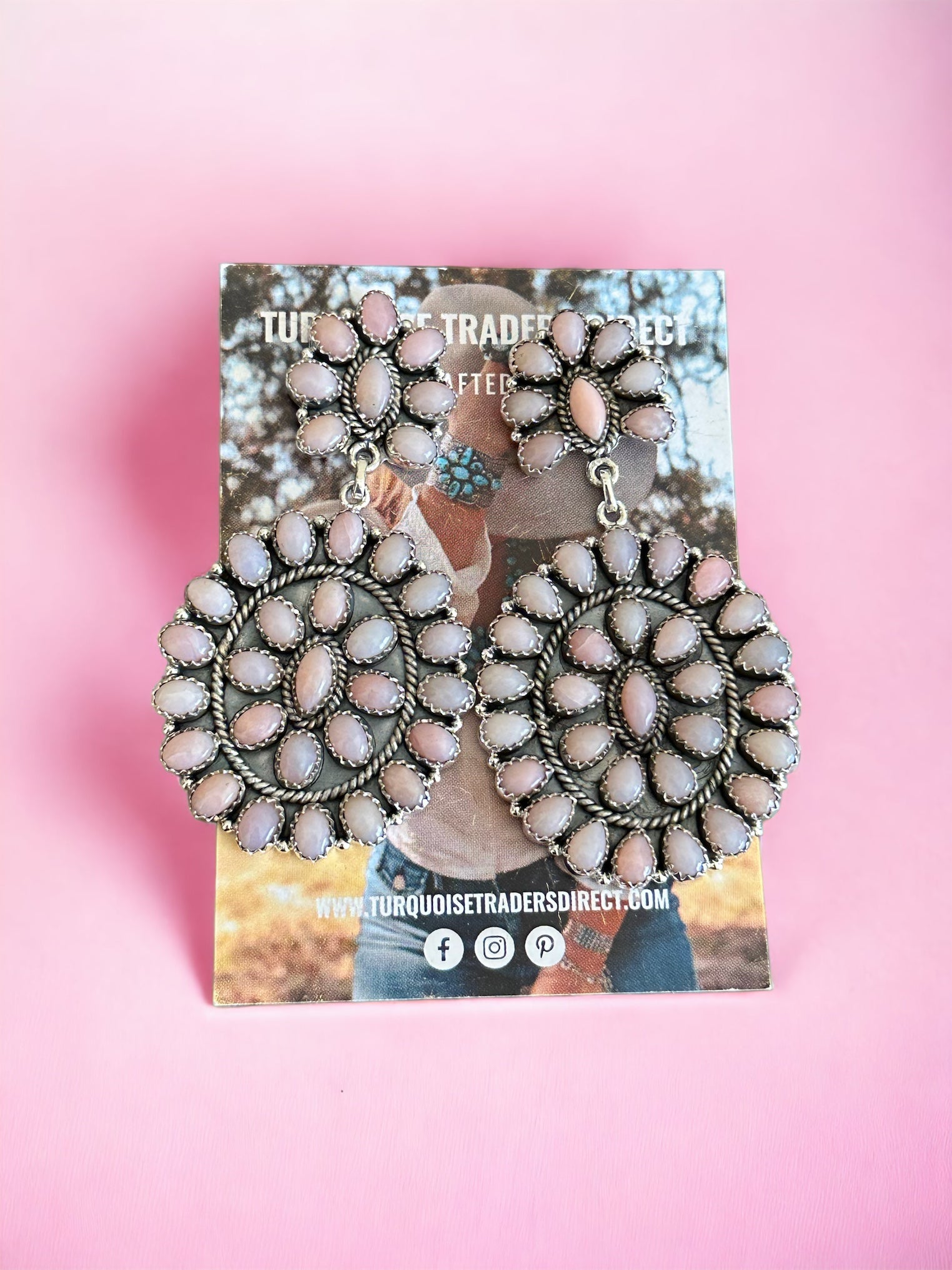 Southwest Handmade Peruvian Pink Opal & Sterling Silver Post Dangle Cluster Earrings