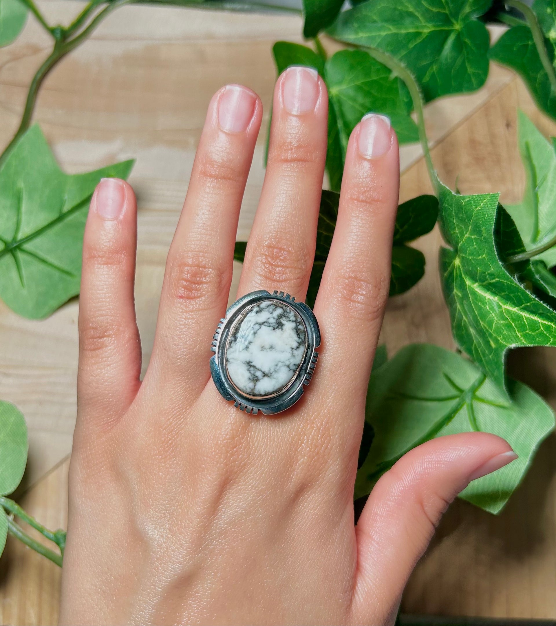 Navajo Made White Buffalo and Sterling Silver Ring Size 9