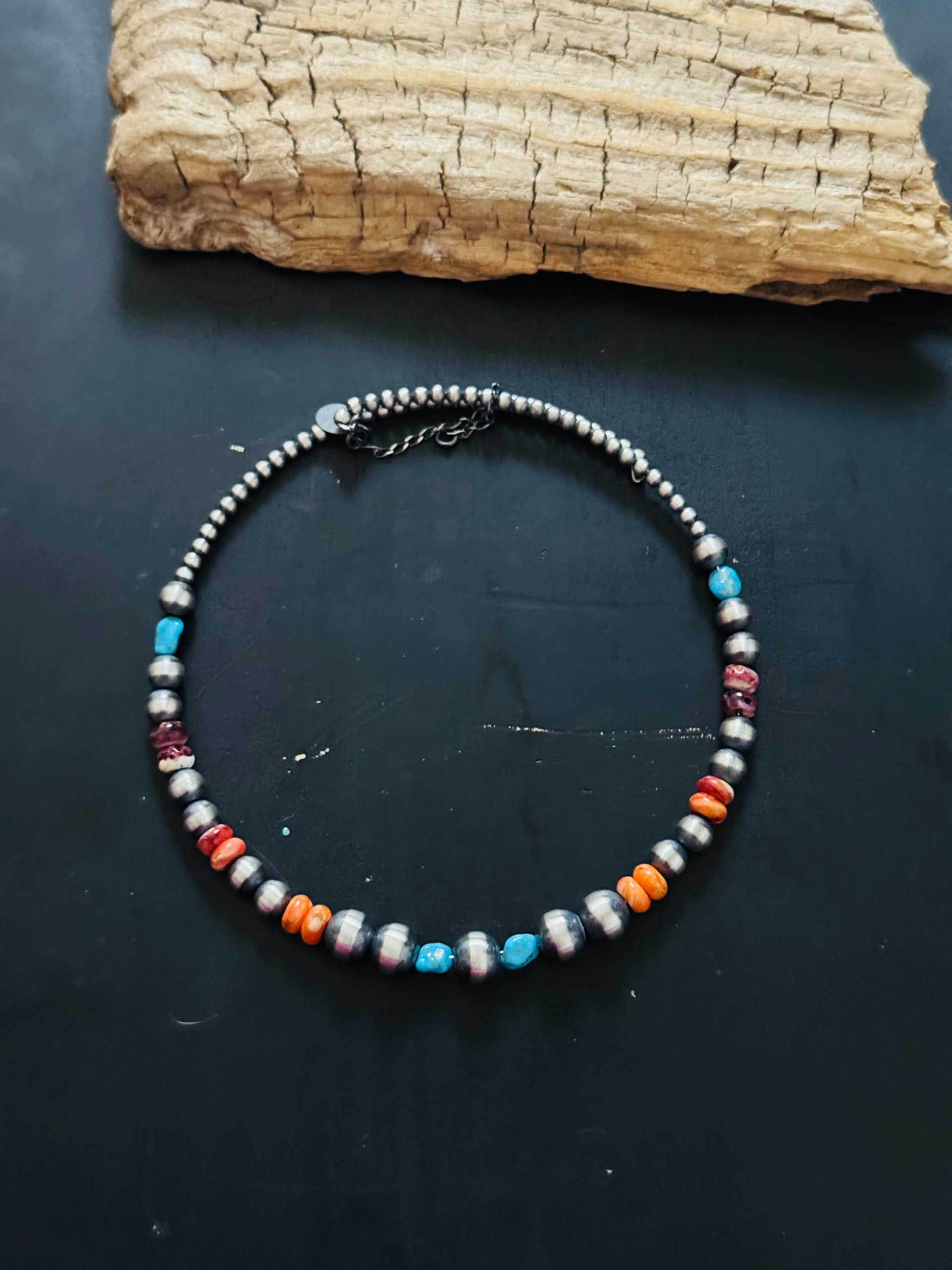 Navajo Strung Multi Stone & Graduated Sterling Silver Pearls Beaded Memory Wire Necklace