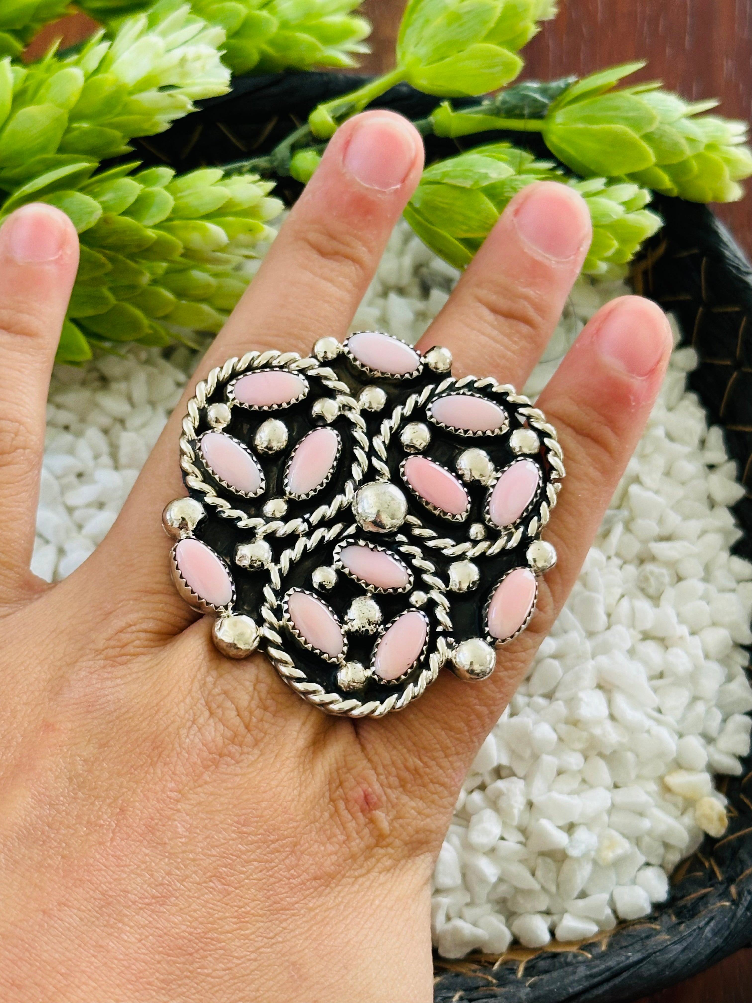 Navajo Made Pink Conch & Sterling Silver Adjustable Cluster Ring