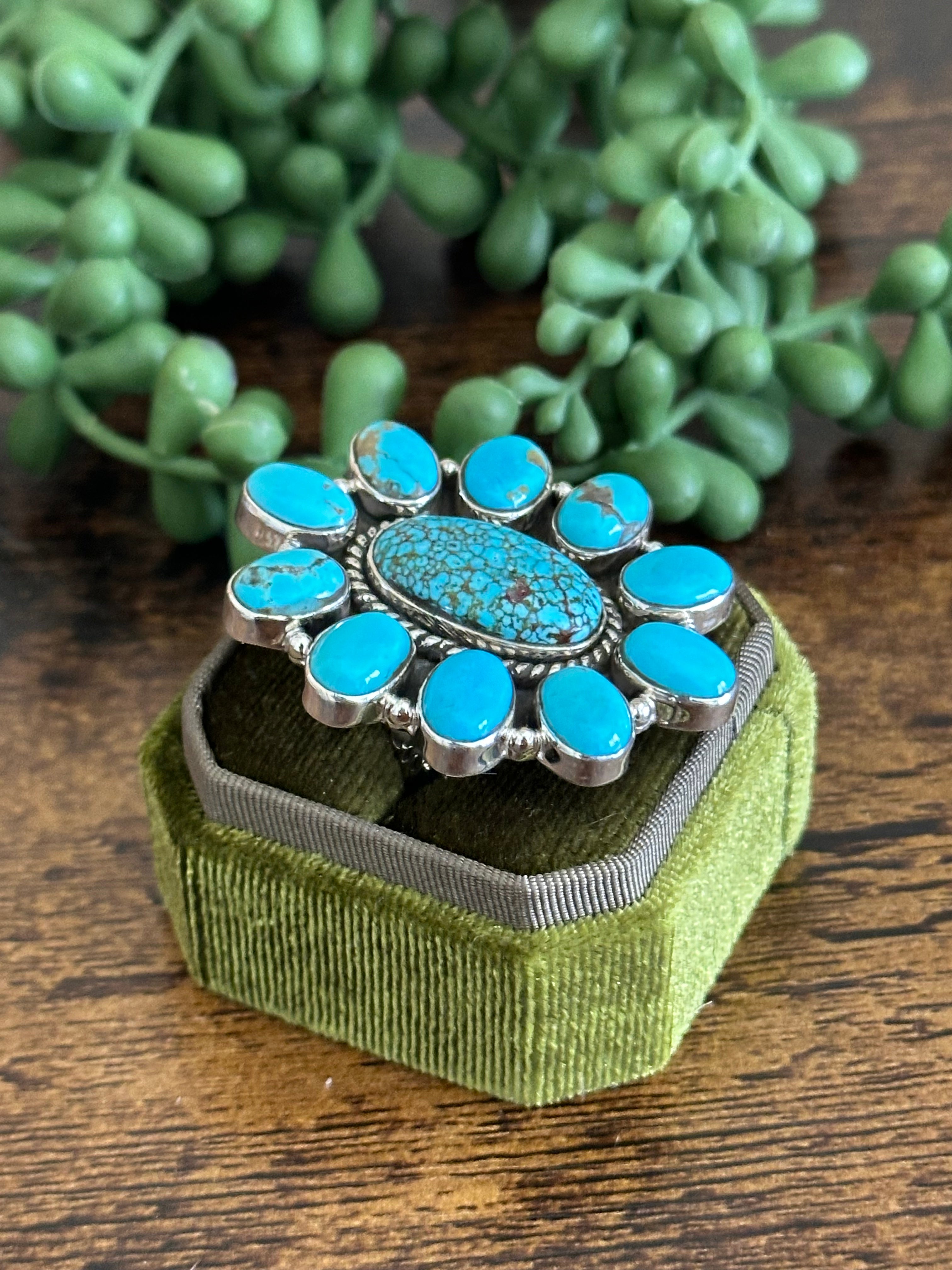 Southwest Handmade Kingman Turquoise & Sterling Silver Adjustable Cluster Ring