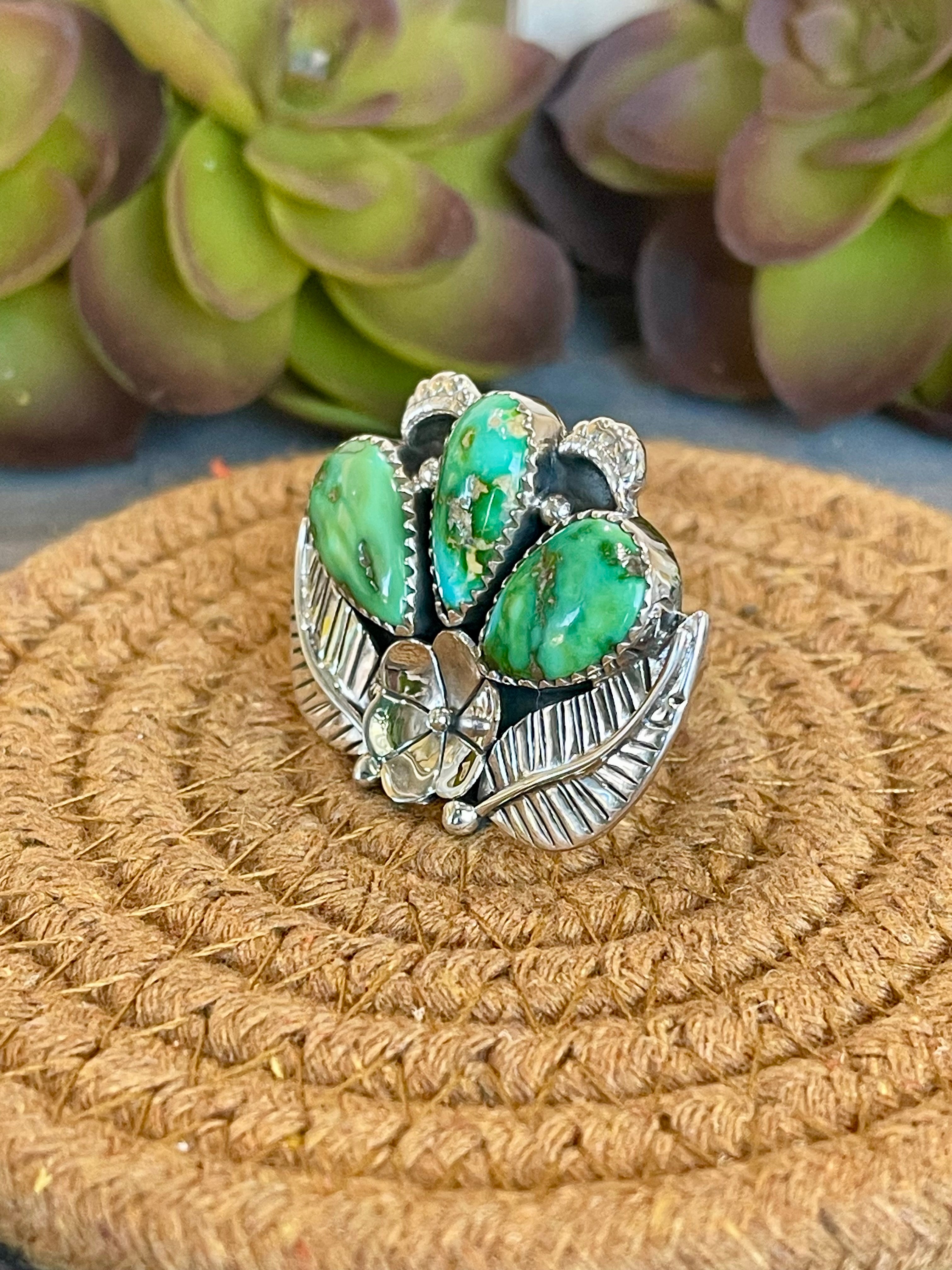 Southwest Handmade Sonoran Mountain Turquoise & Sterling Silver Adjustable Flower Ring