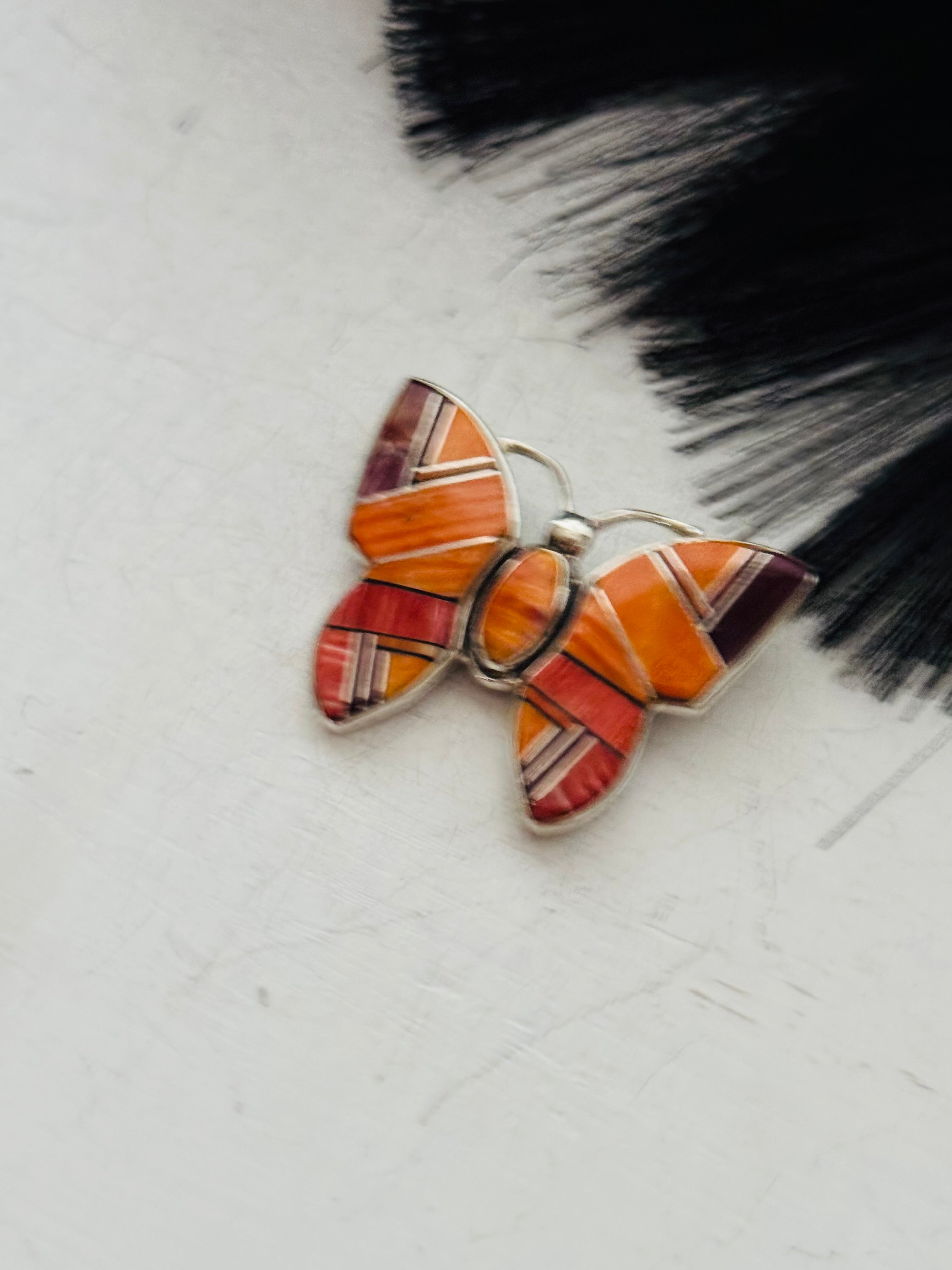 Navajo Made Spiny Oyster & Sterling Silver Butterfly Inlay Pin