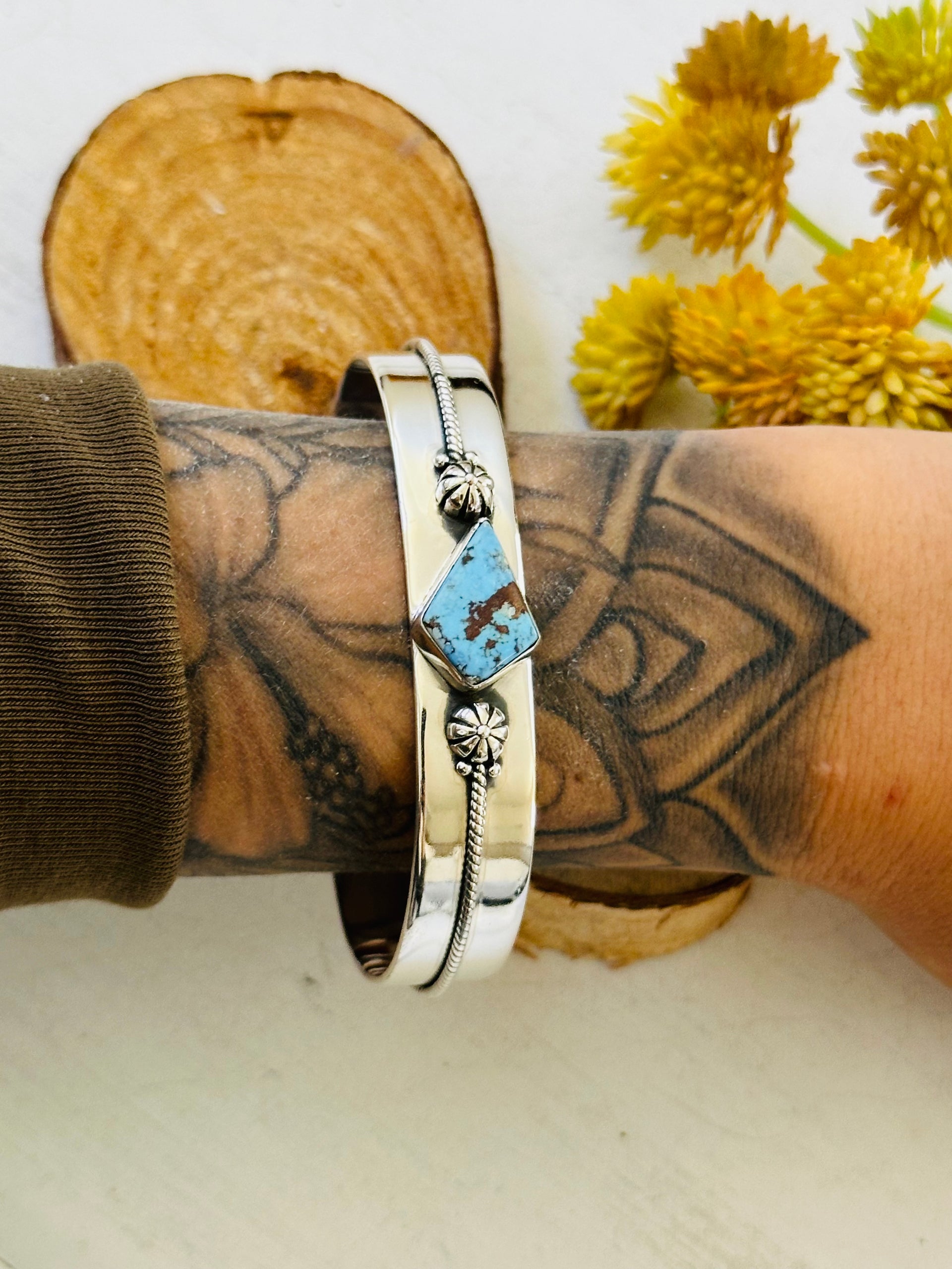 Southwest Made Golden Hills Turquoise & Sterling Silver Cuff Bracelet