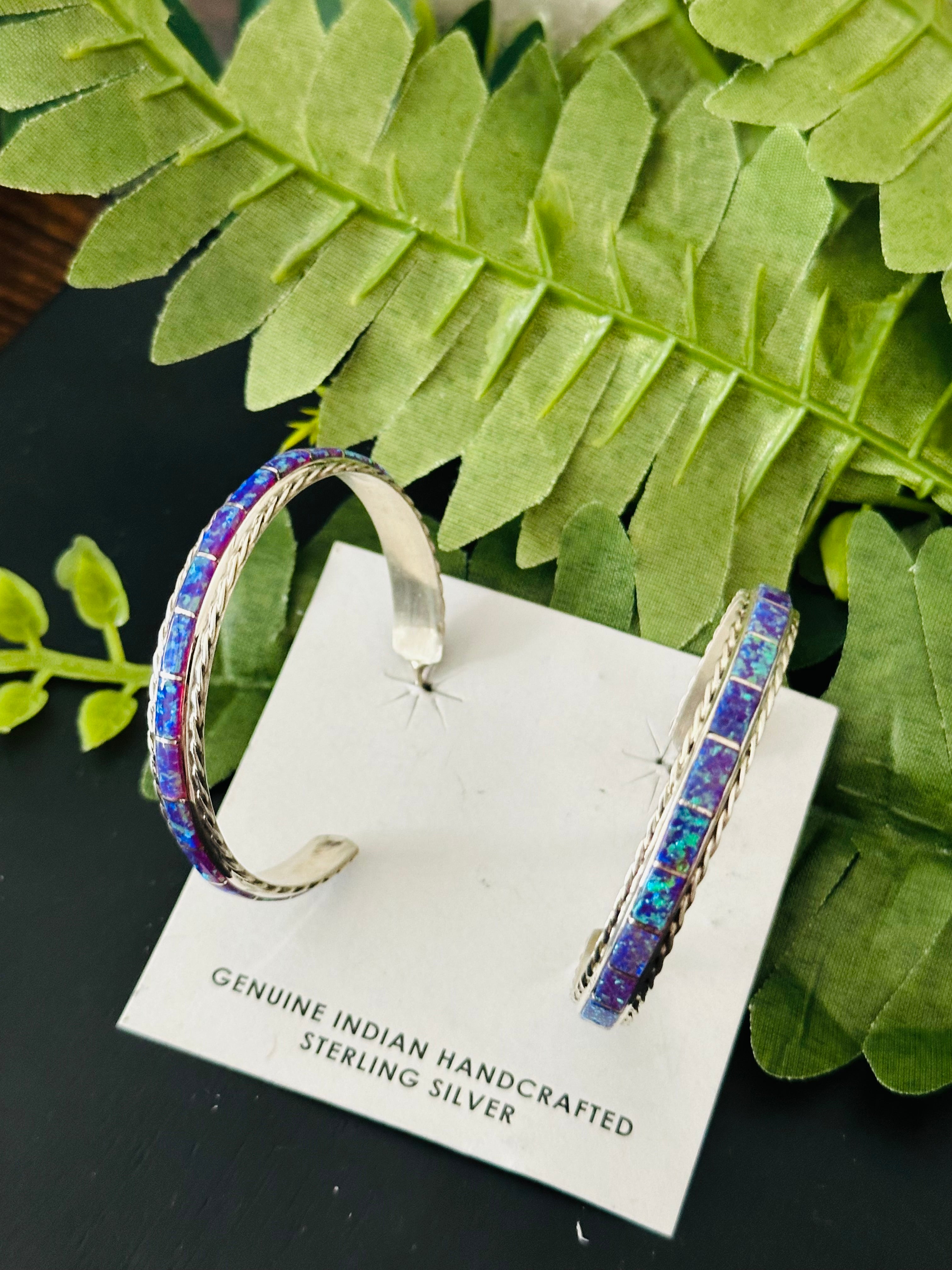 Navajo Made Opal & Sterling Silver Hoop Earrings