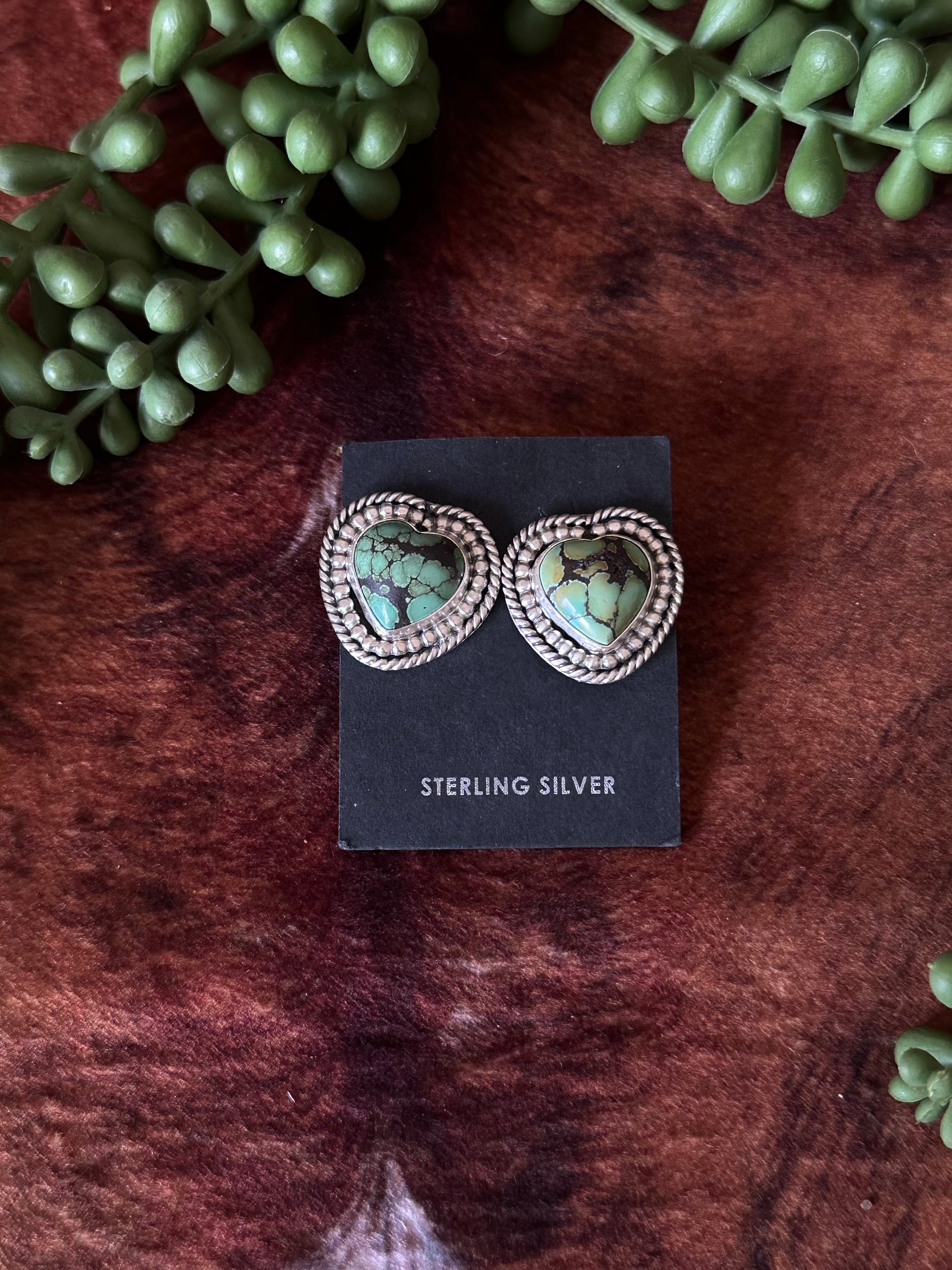 Navajo Handmade Hubei Turquoise & Sterling Silver Heart Post Earrings