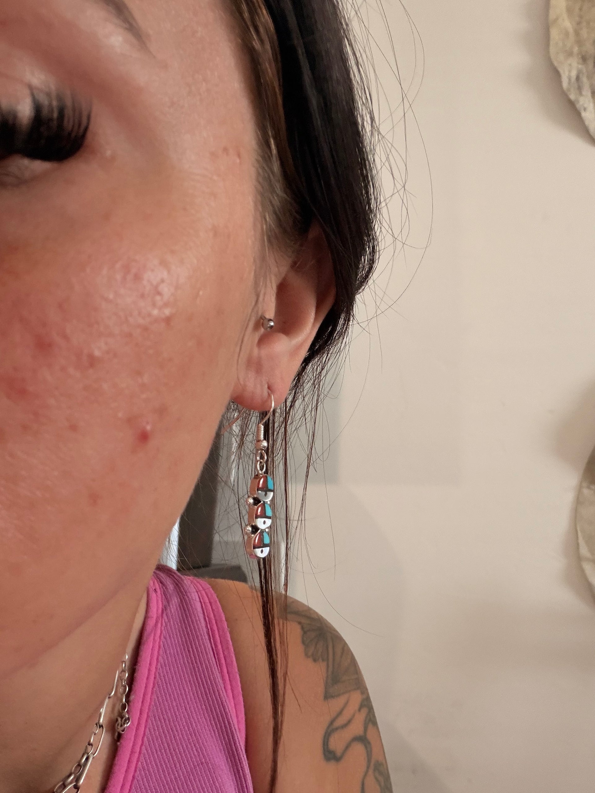 Zuni Made Multi Stone & Sterling Silver Inlay Sunface Dangle Earrings