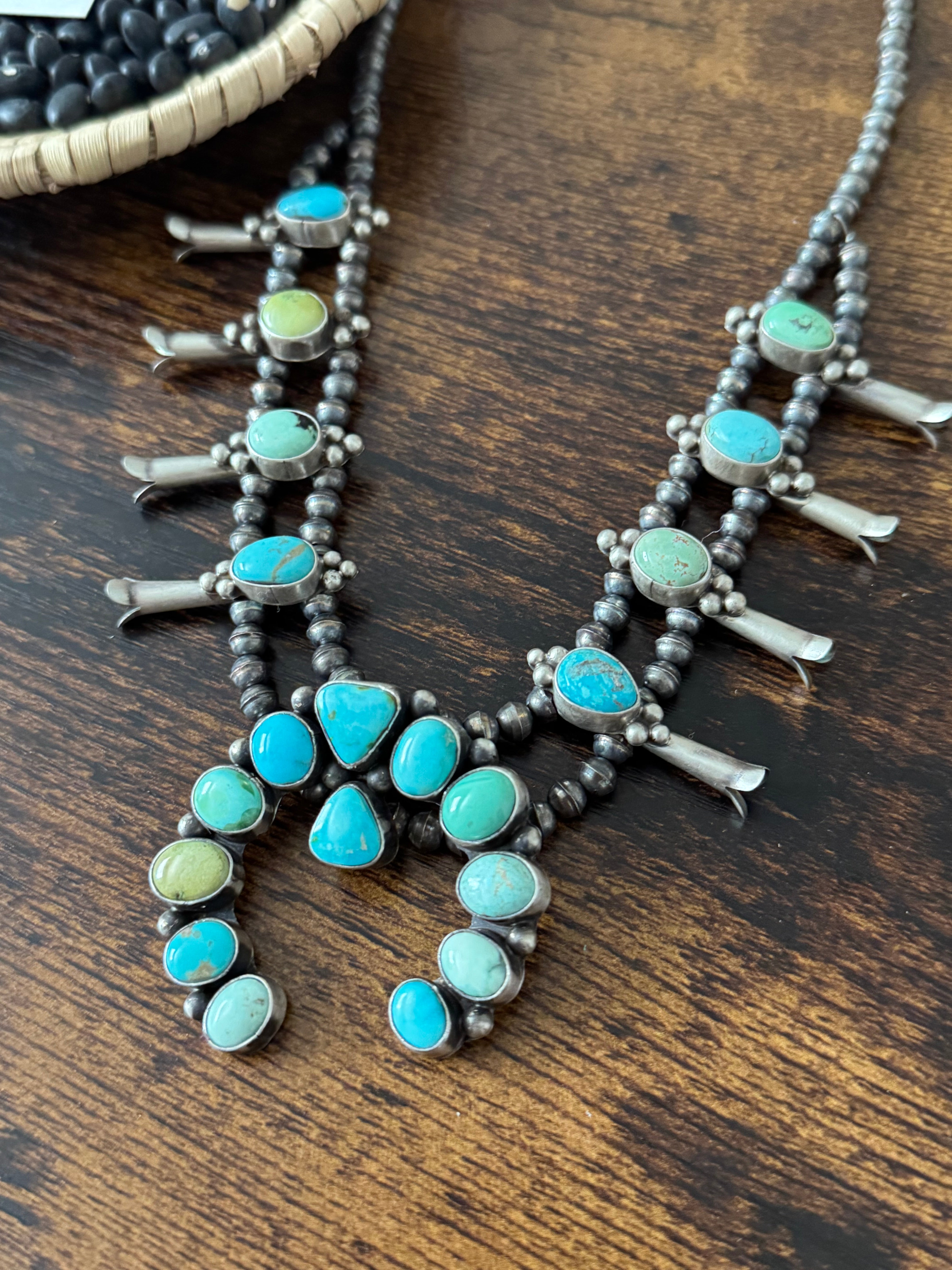 Tricia Smith Mixed Turquoise & Sterling Silver Squash Blossom Necklace