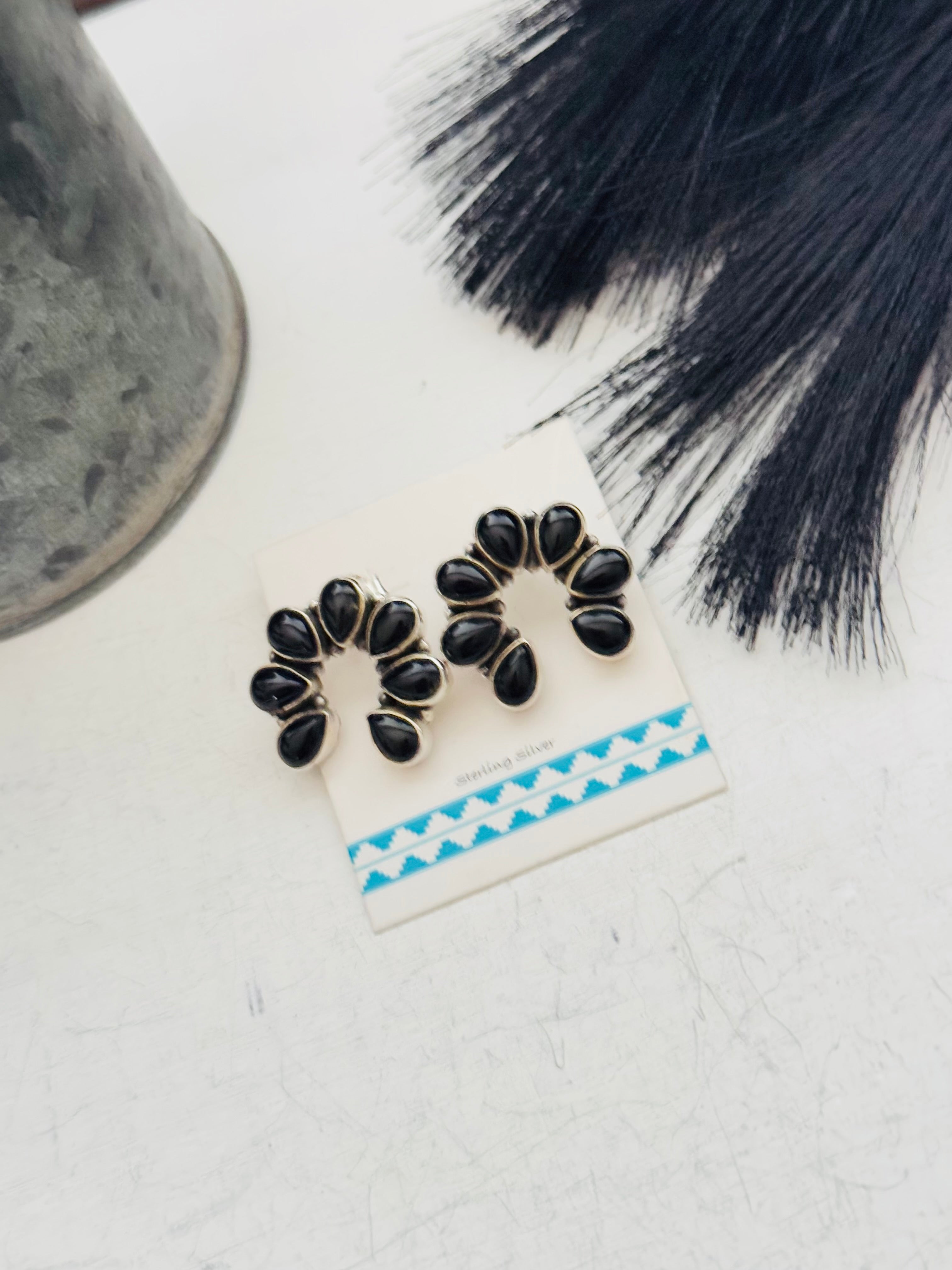 Southwest Handmade Onyx & Sterling Silver Post Naja Cluster Earrings