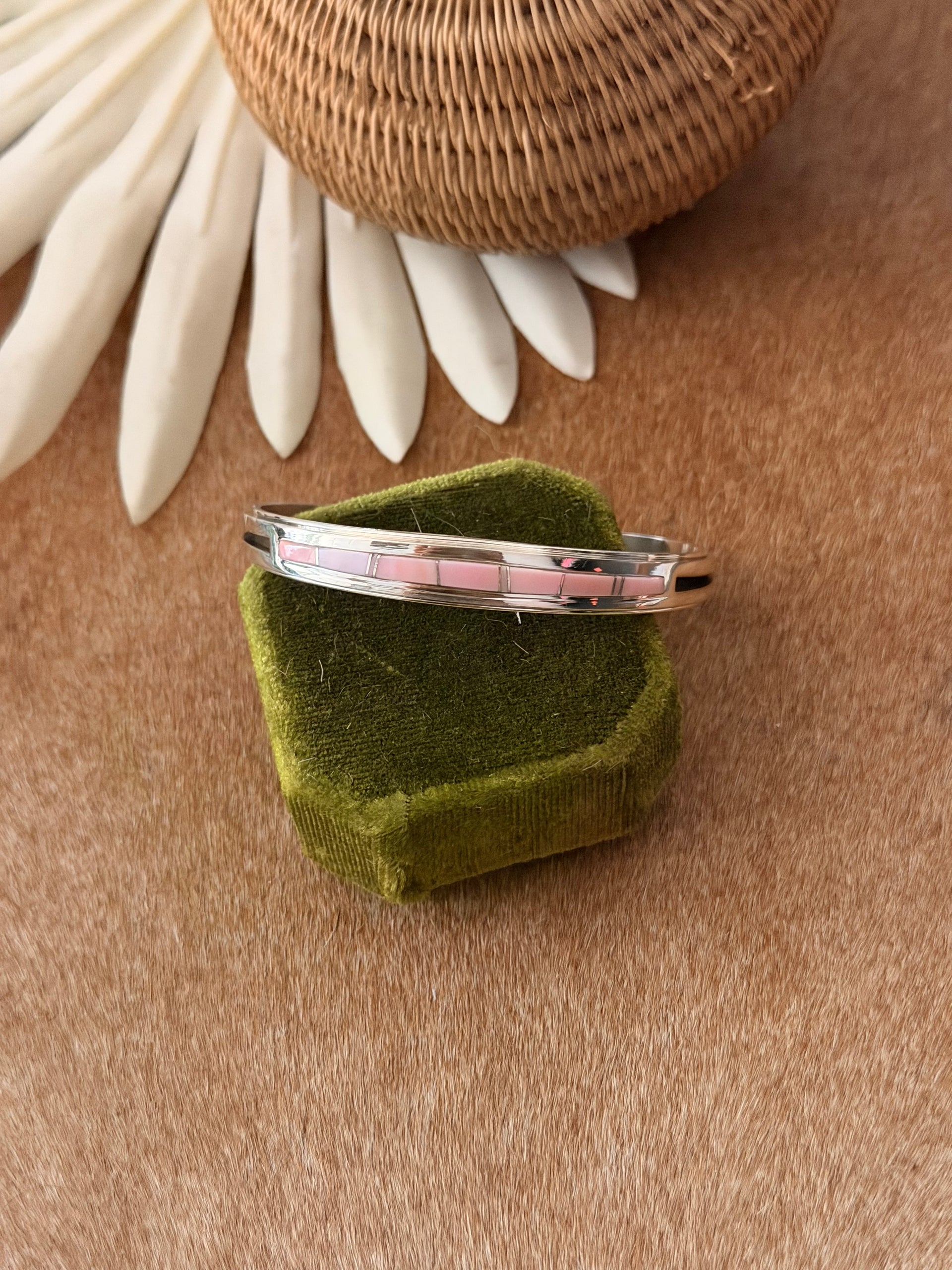 Navajo Made Pink Conch & Sterling Silver Cuff Bracelet