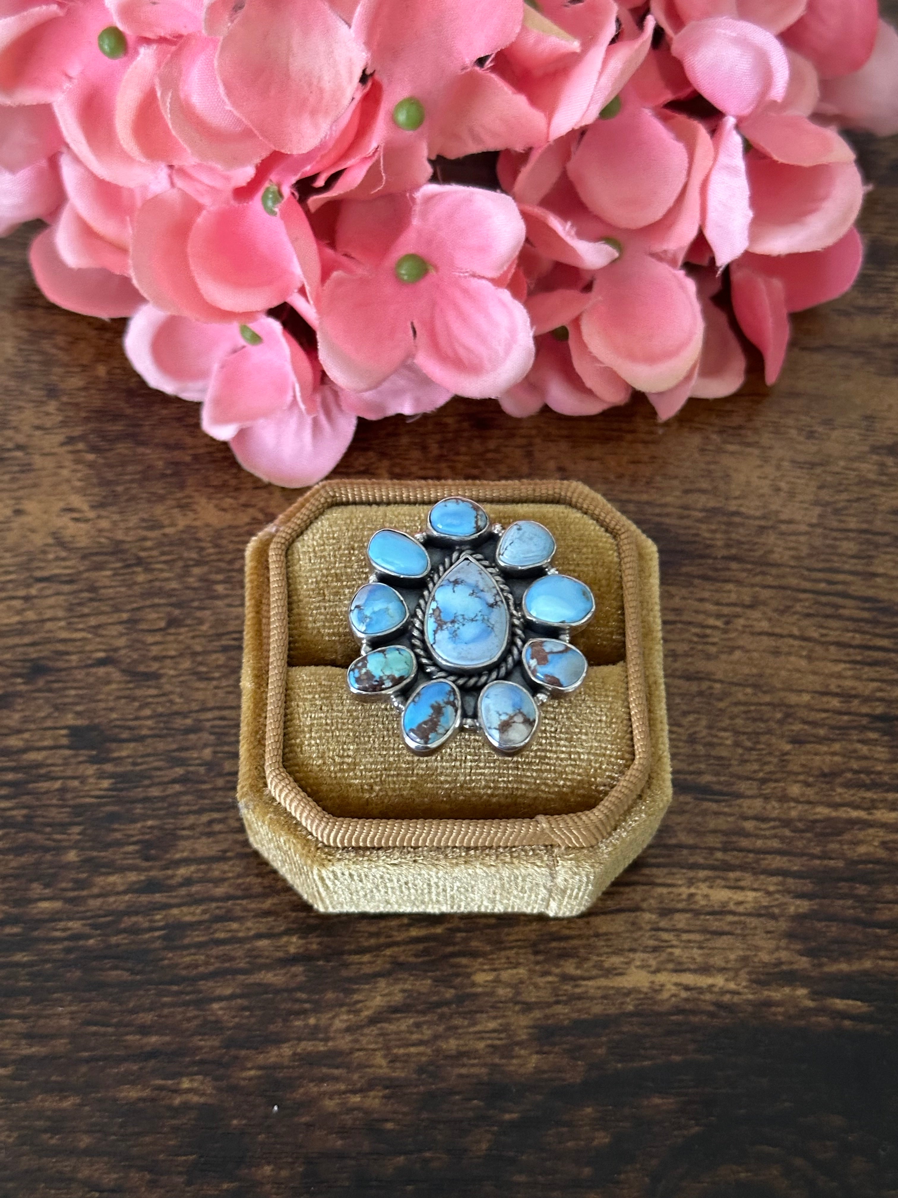 Southwest Handmade Golden Hills Turquoise & Sterling Silver Cluster Adjustable Ring