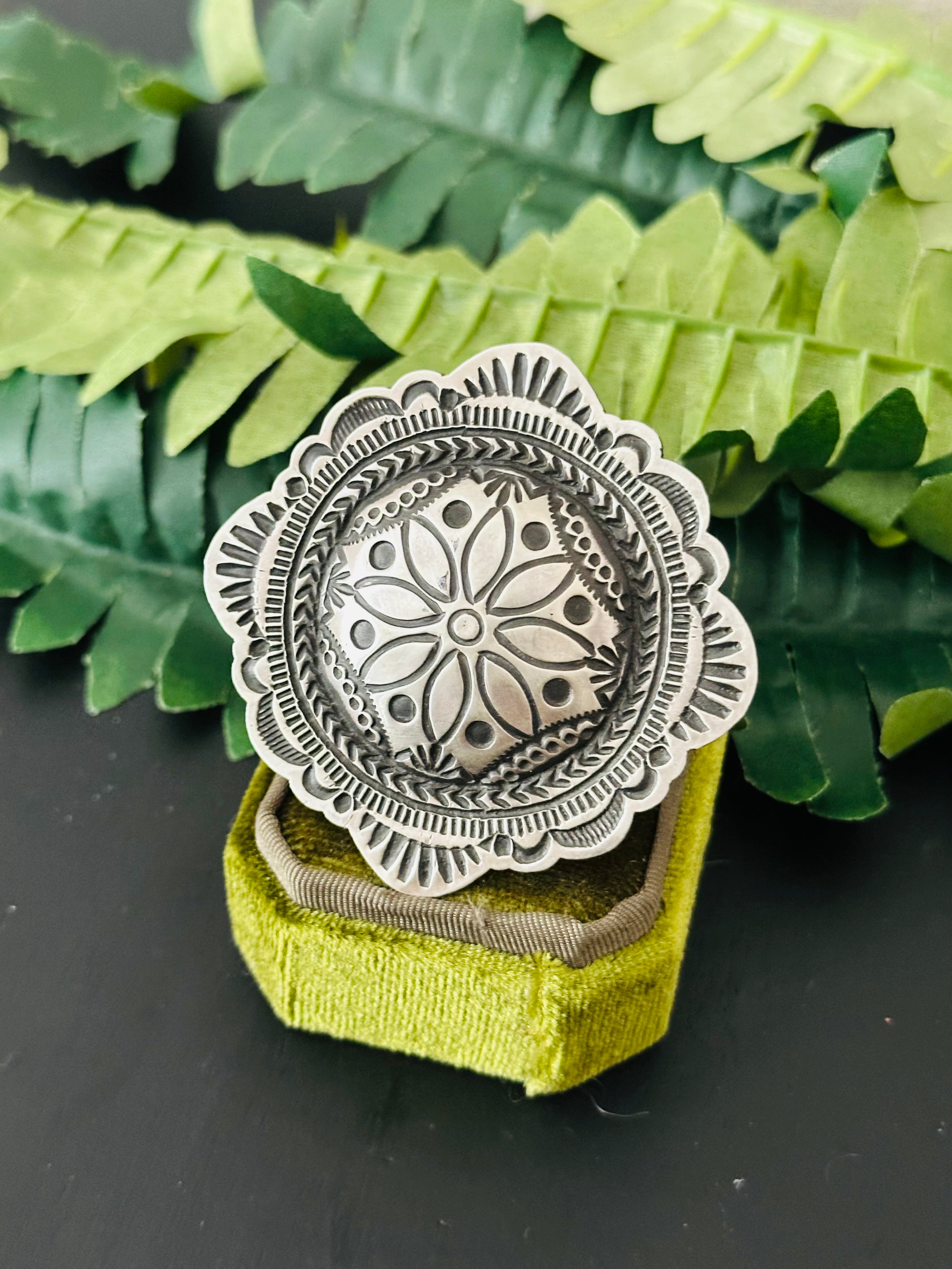 Leander Tahe Sterling Silver Concho Adjustable Ring