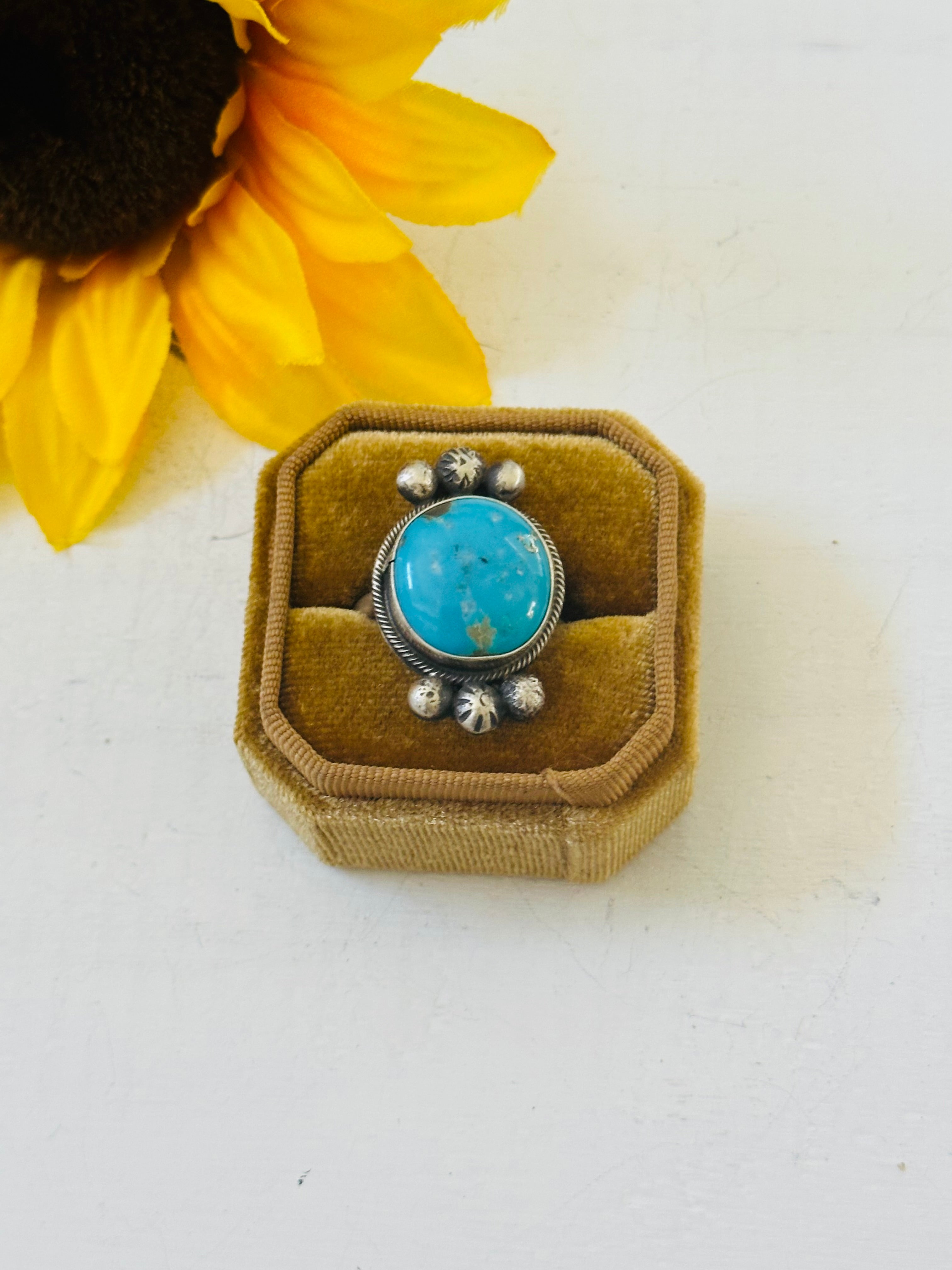 Navajo Made Kingman Turquoise & Sterling Silver Ring Size 7.5