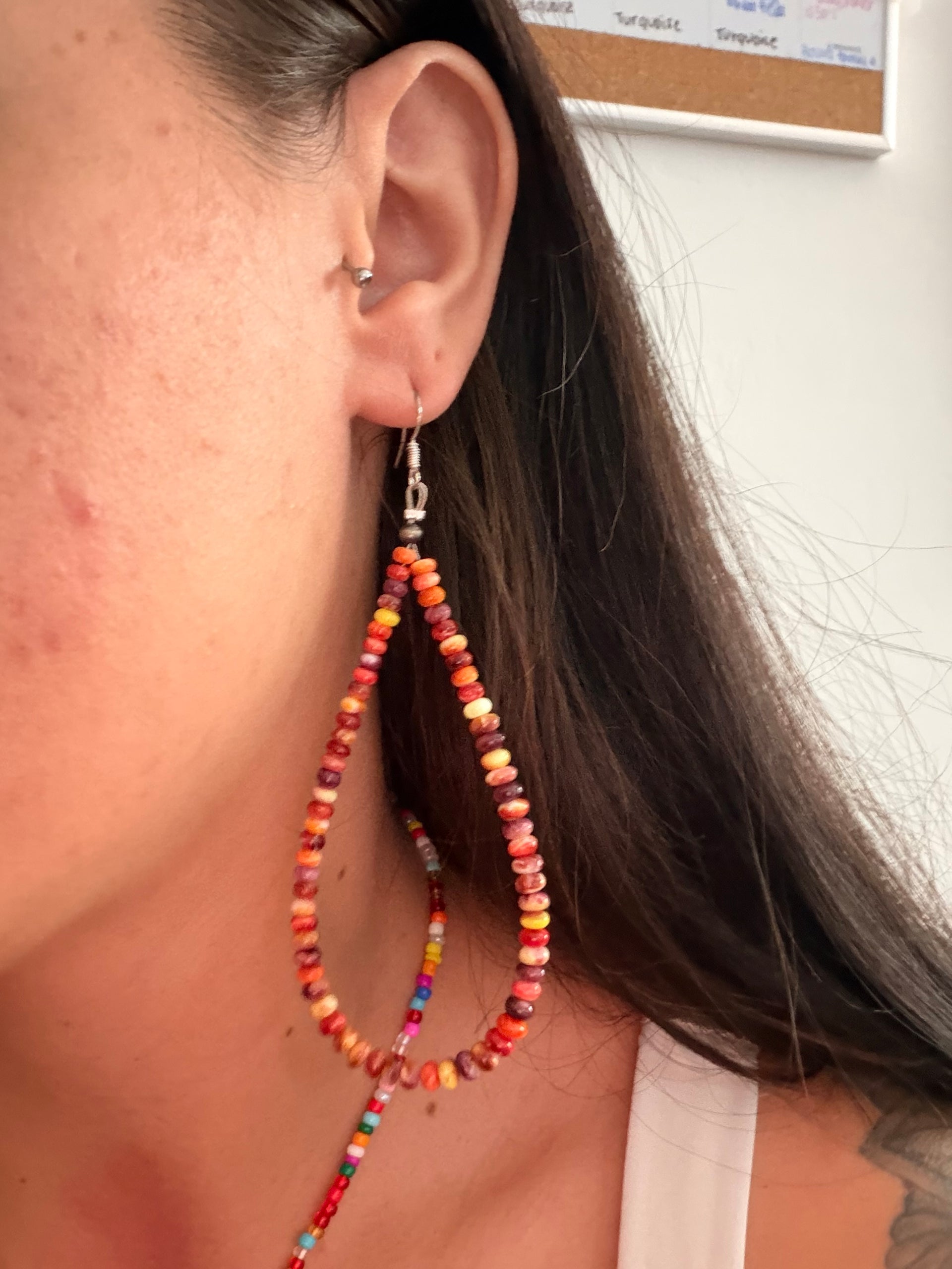 Navajo Strung Spiny Oyster & Sterling Silver Dangle Beaded Earrings
