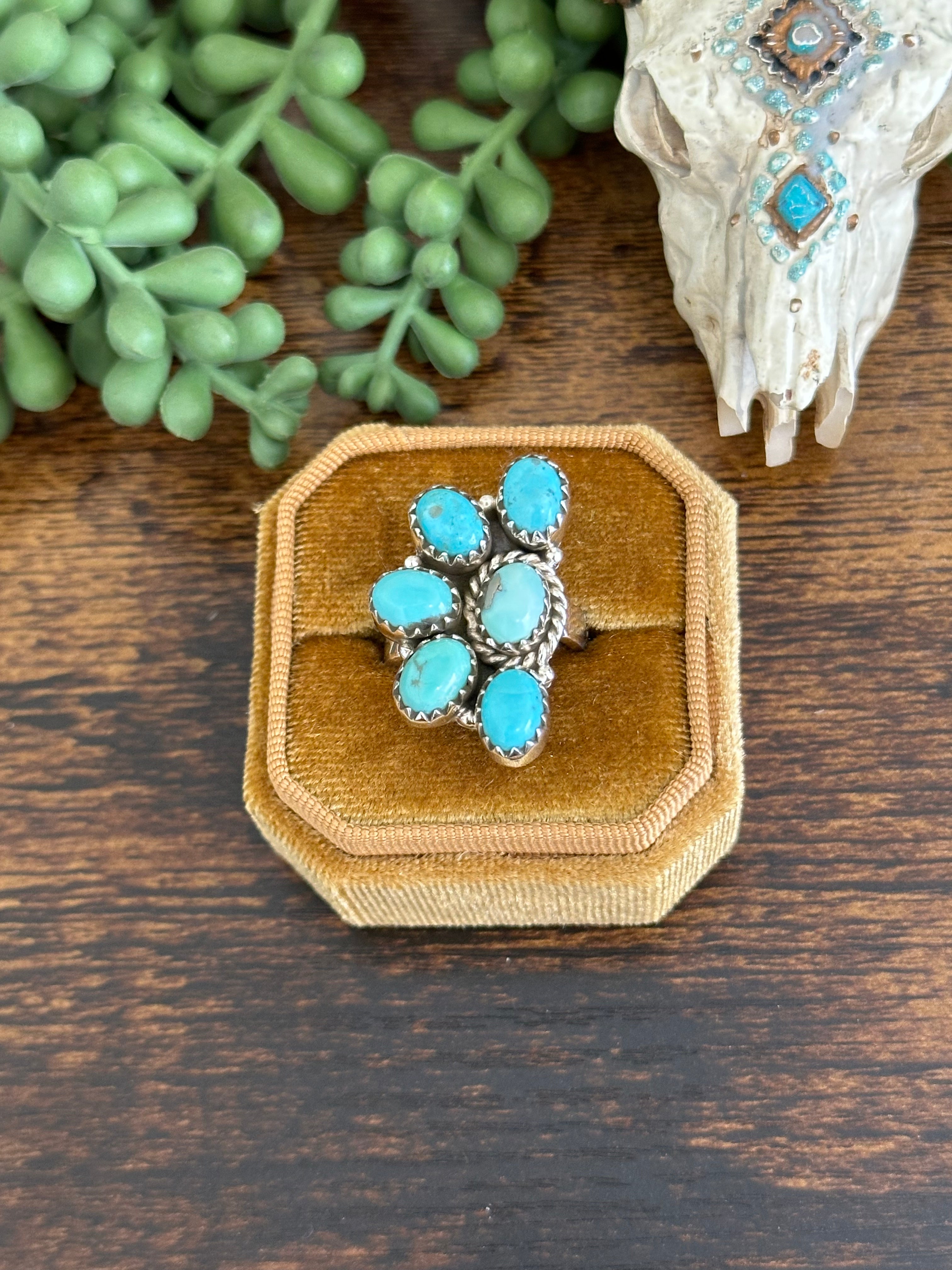 Southwest Handmade Kingman Turquoise & Sterling Silver Adjustable Cluster Ring