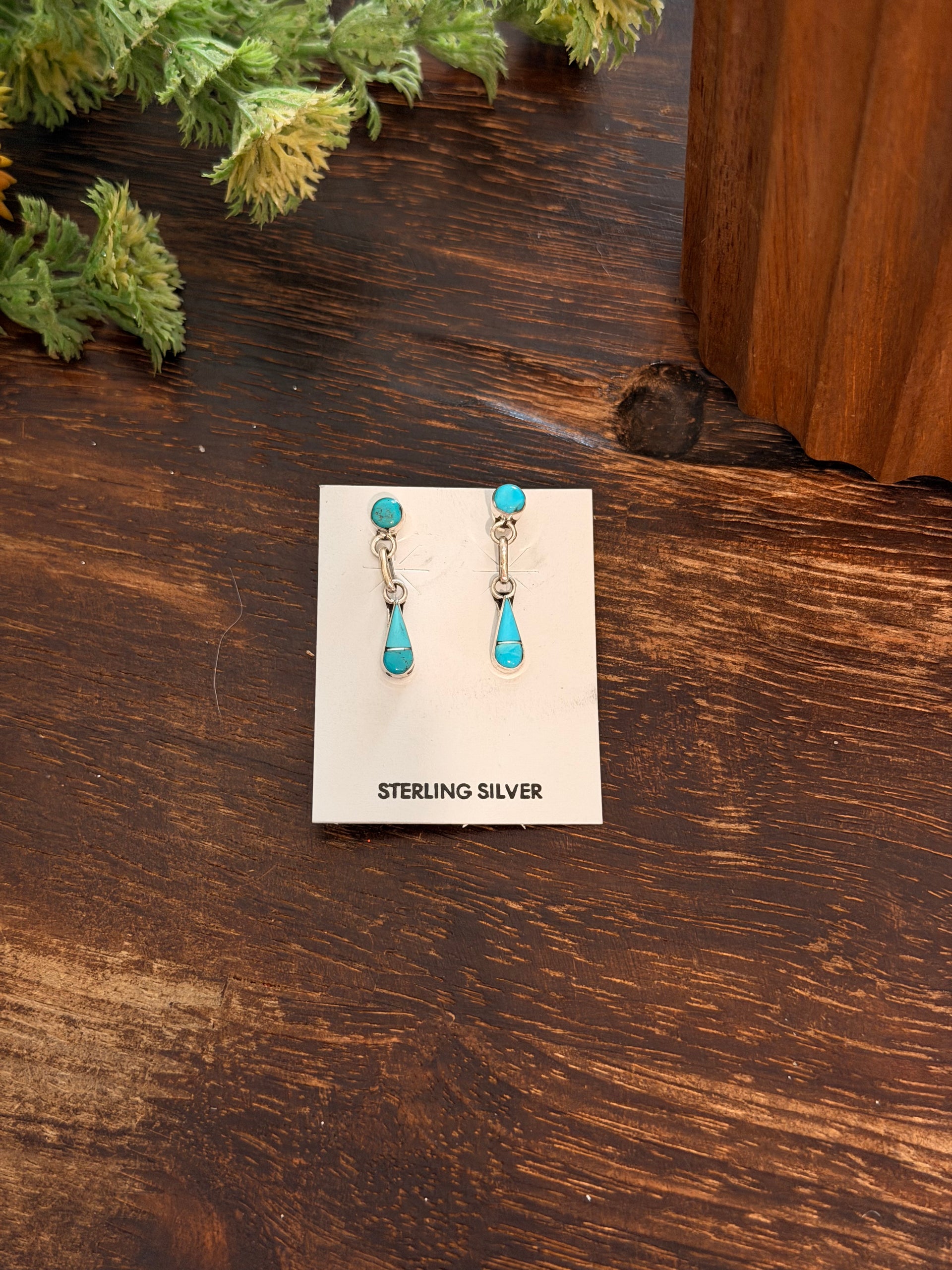 Navajo Made Kingman Turquoise & Sterling Silver Inlay Post Dangle Earrings