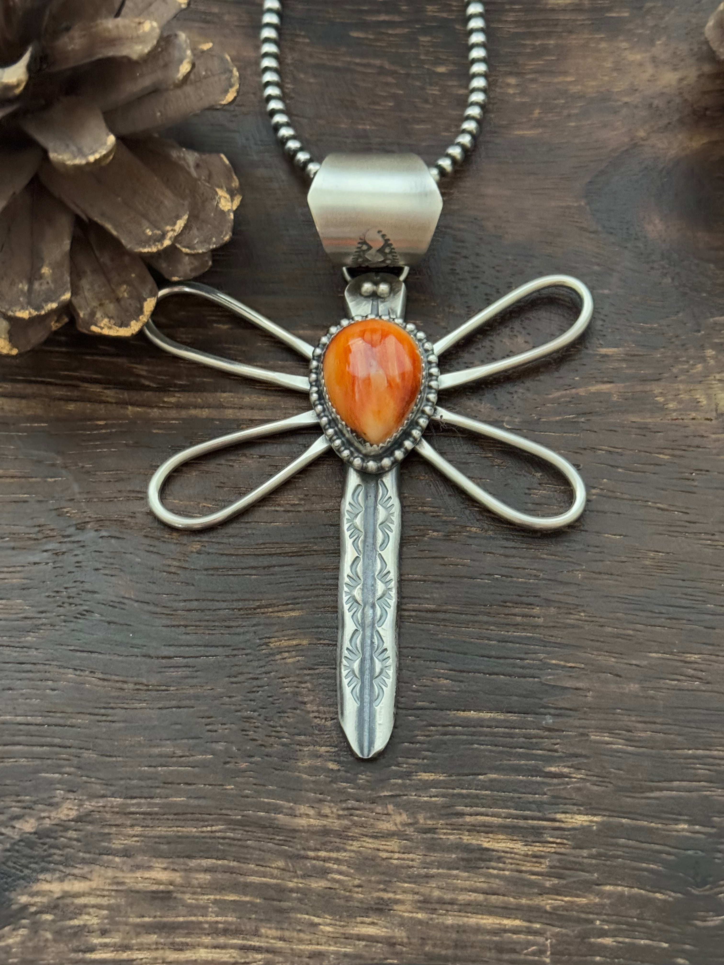 Delbert Secatero Spiny Oyster & Sterling Silver Dragonfly Pendant