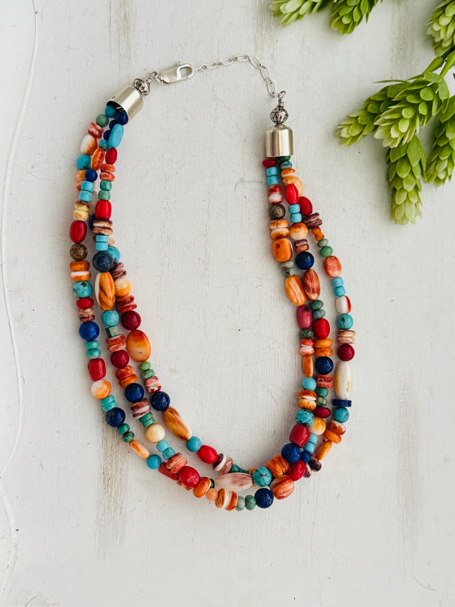 Navajo Strung Multi Stone & Sterling Silver Pearl 3 Strand Necklace