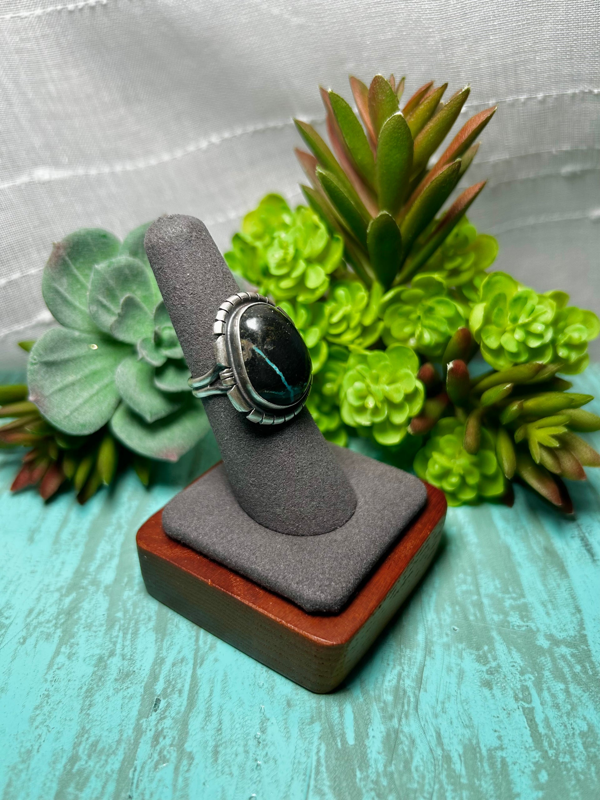 Navajo Made Blue Moon Turquoise & Sterling Sliver Ring Size 6.75