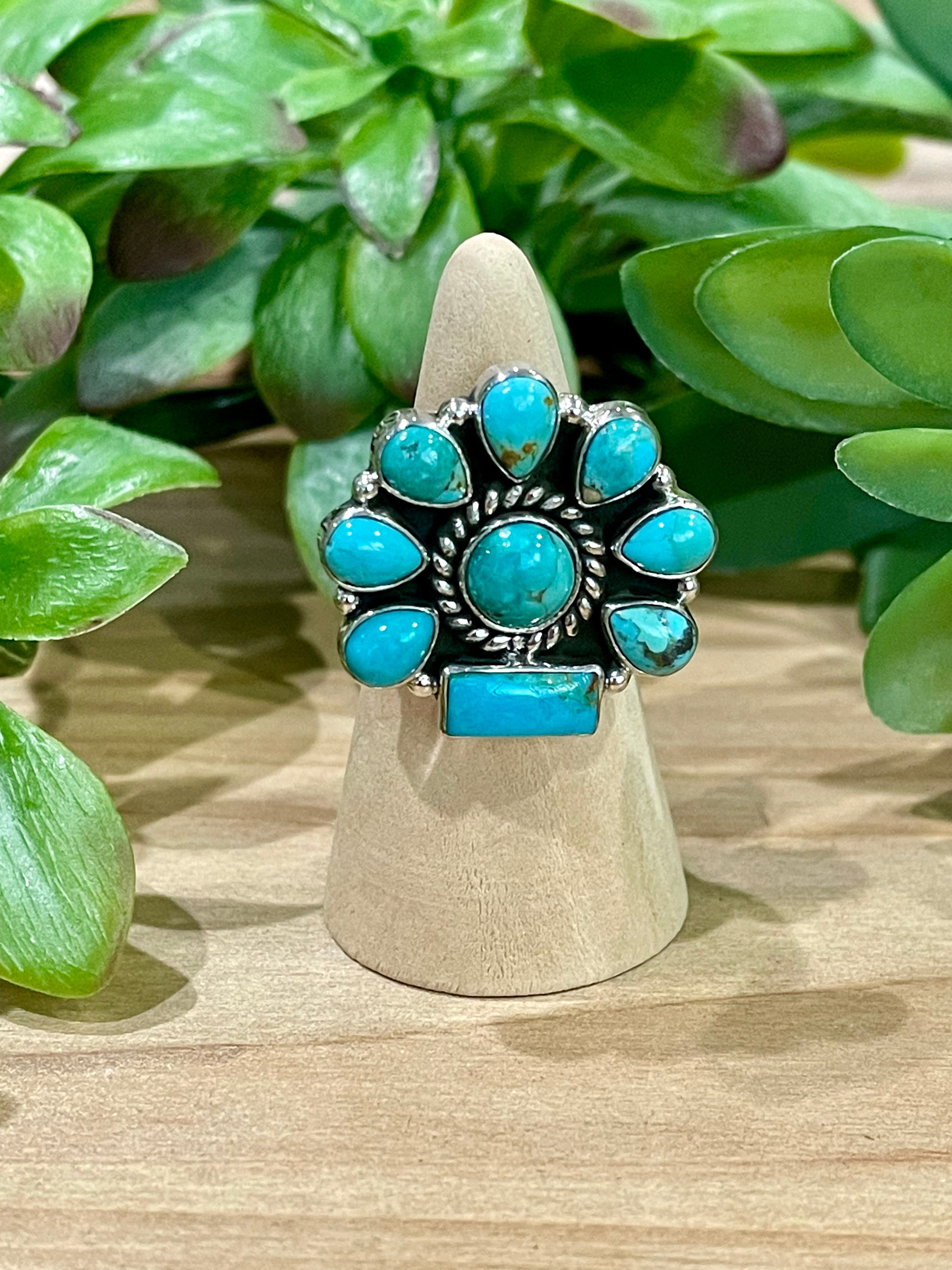 Southwest Handmade Kingman Turquoise & Sterling Silver Adjustable Flower Ring