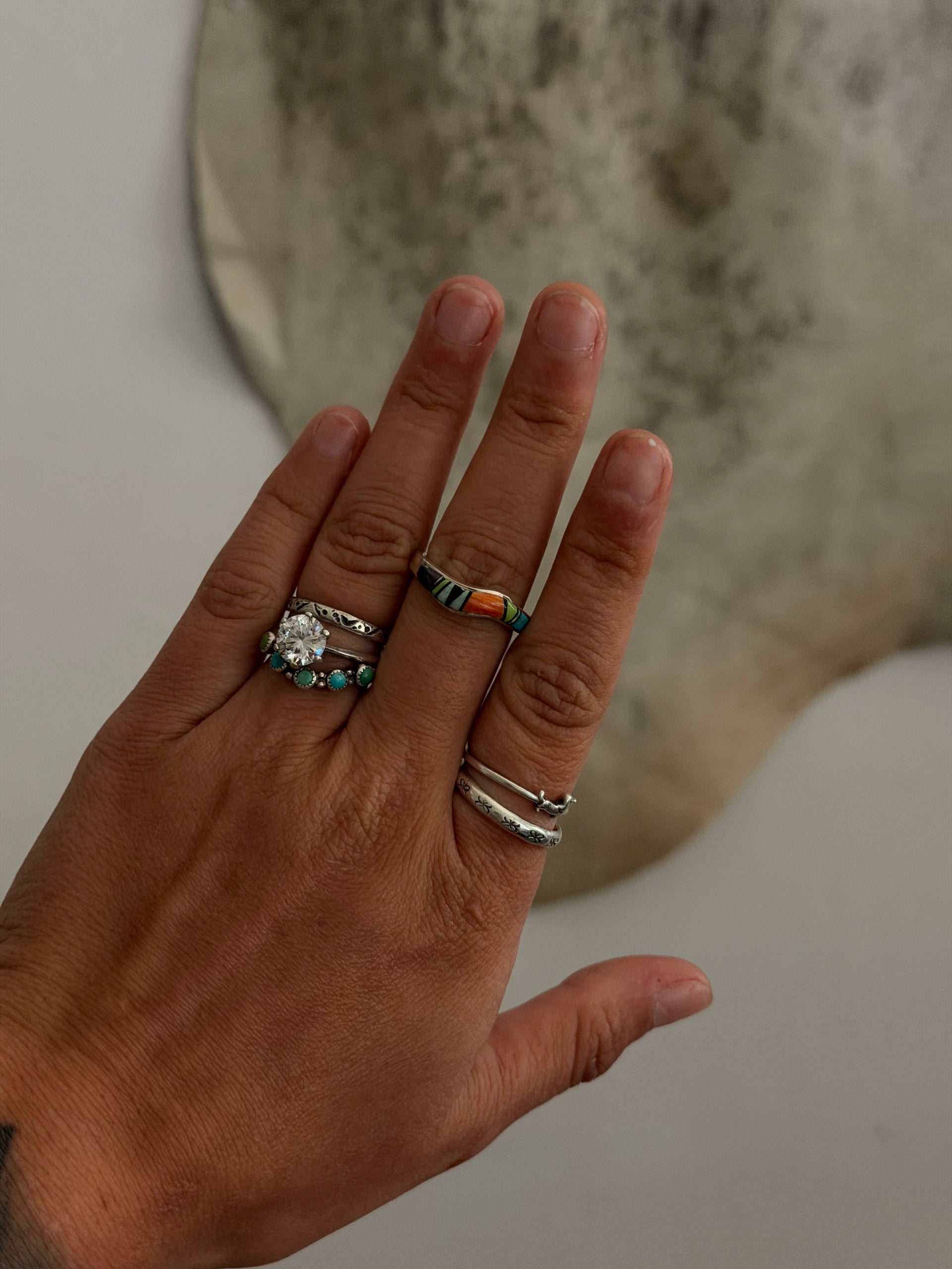 Navajo Made Multi Stone & Sterling Silver Inlay Ring Size 7.75