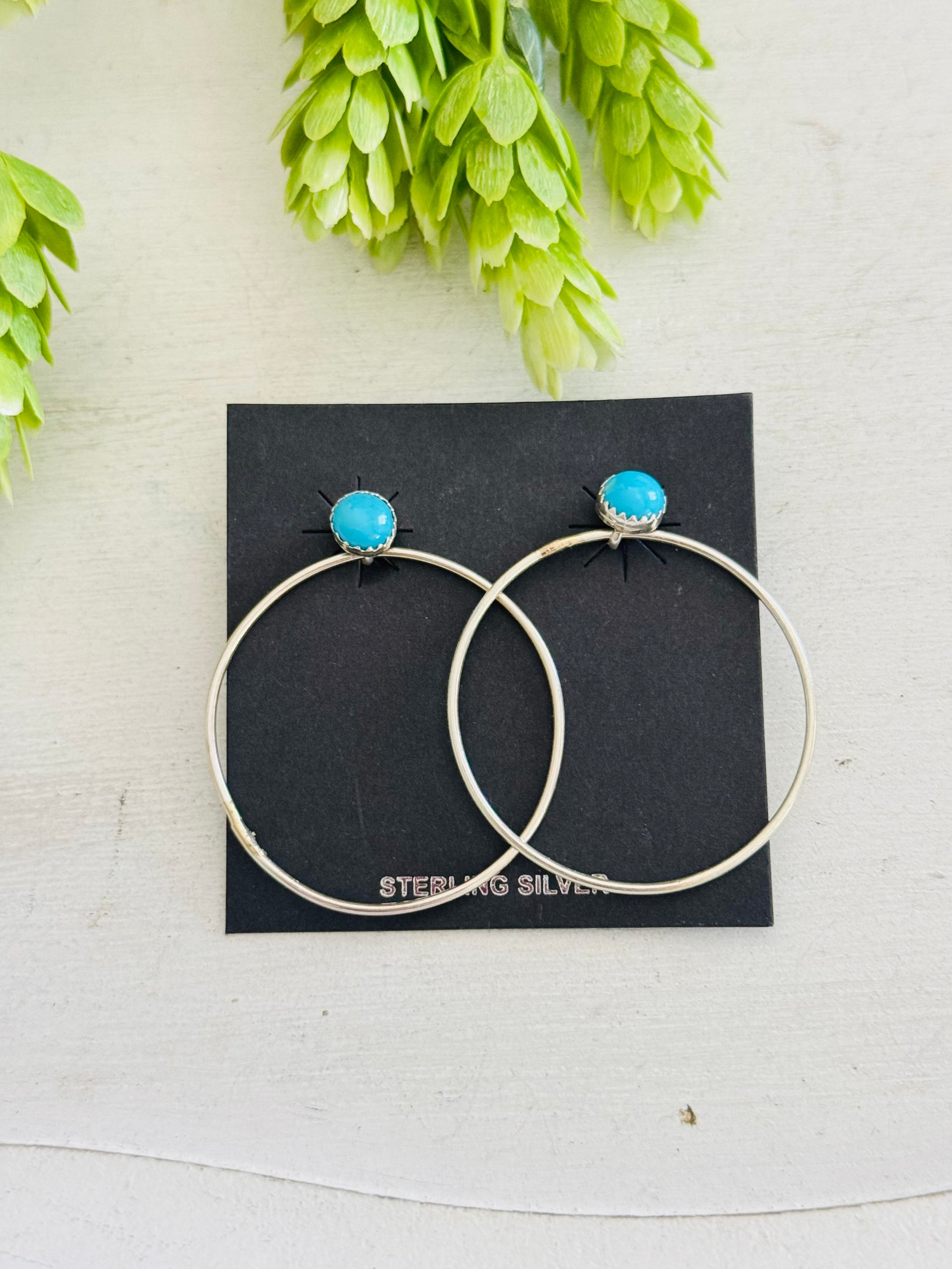 Navajo Made Sleeping Beauty Turquoise & Sterling Silver Post Dangle Hoop Earrings