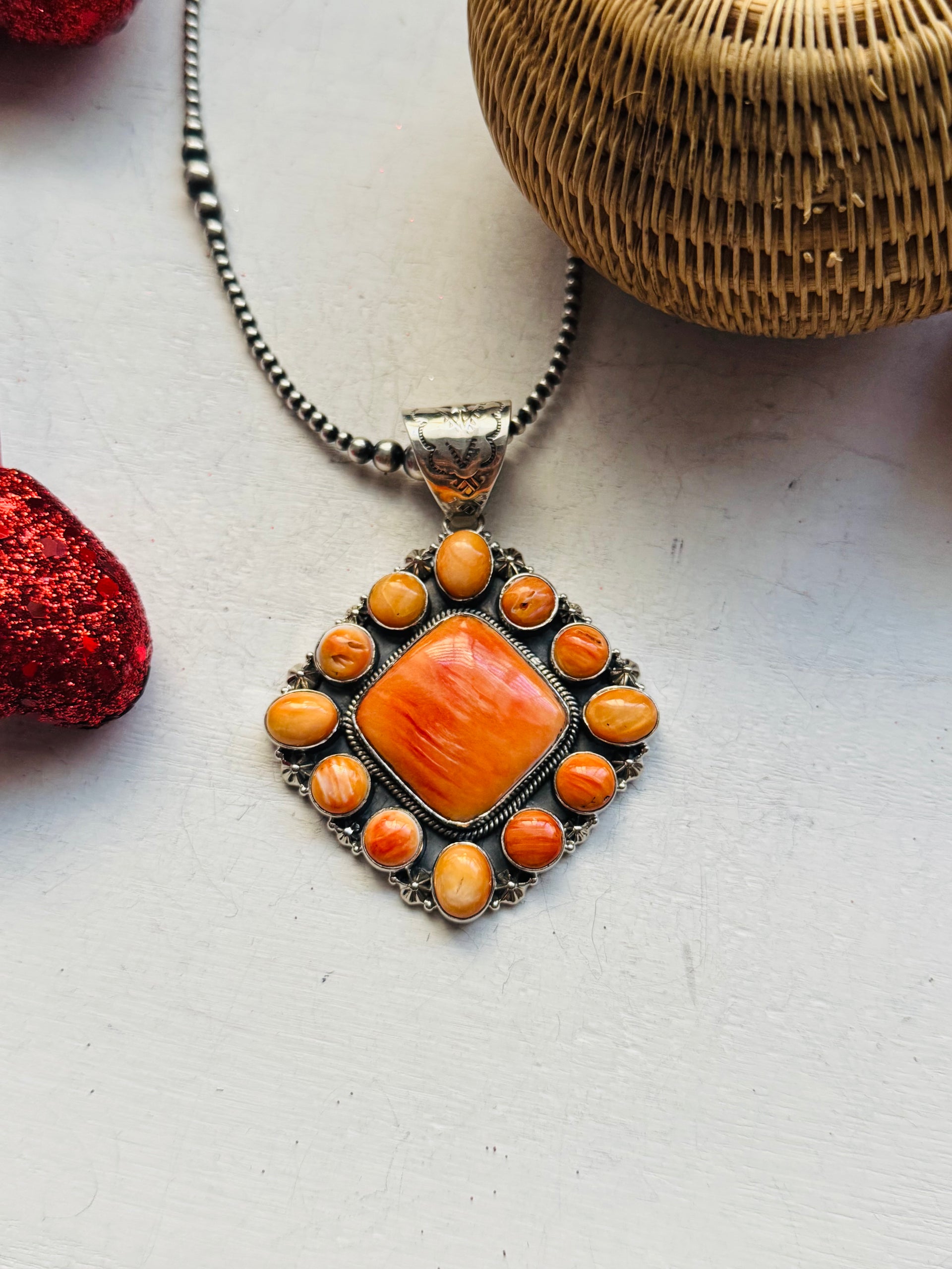 Navajo Made Spiny Oyster & Sterling Silver Cluster Pendant
