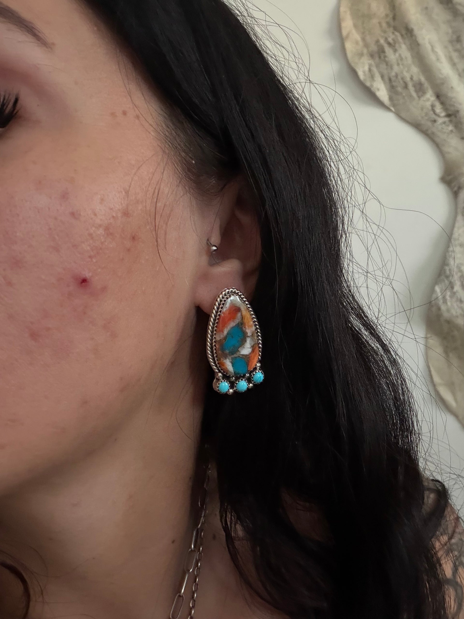 Navajo Made Multi Stone & Sterling Silver Post Dangle Cluster Earrings