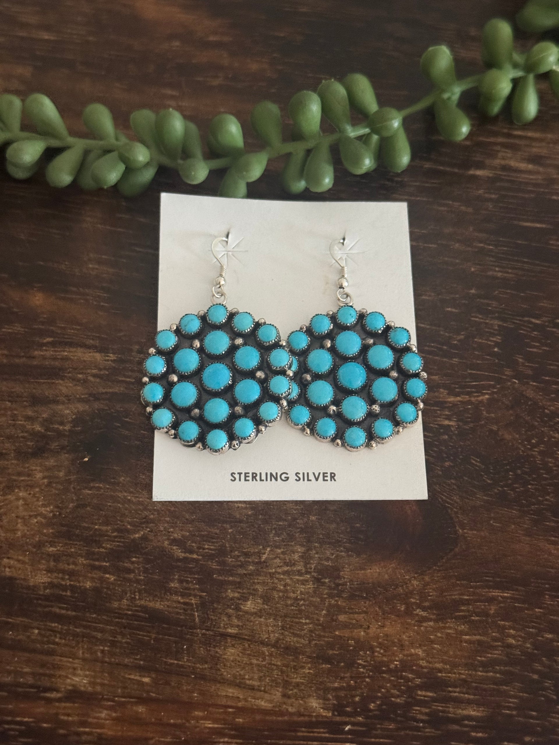 Annie Spencer Sleeping Beauty Turquoise & Sterling Silver Cluster Dangle Earrings