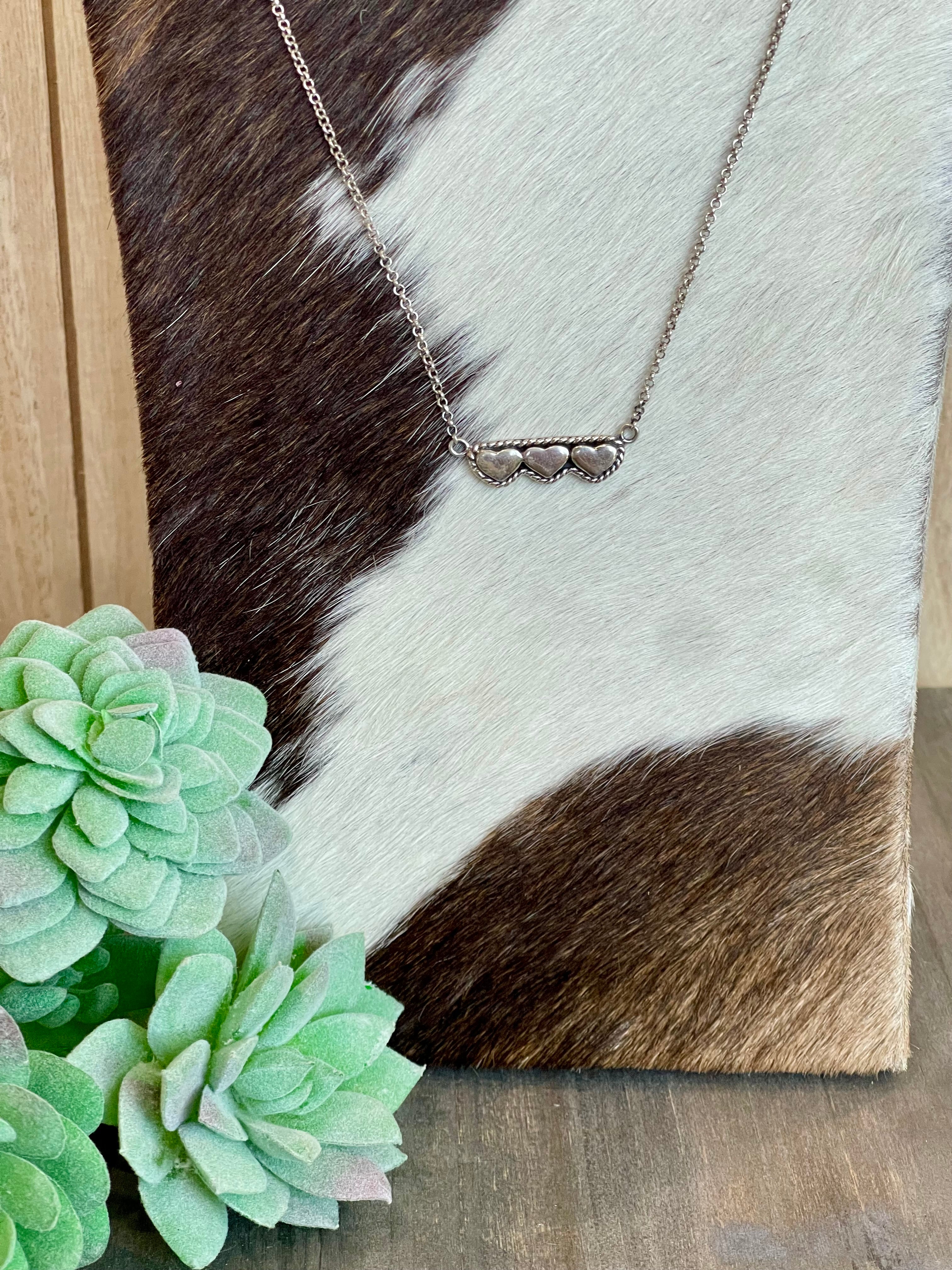 Southwest Sterling Silver 3 Heart Bar Necklace