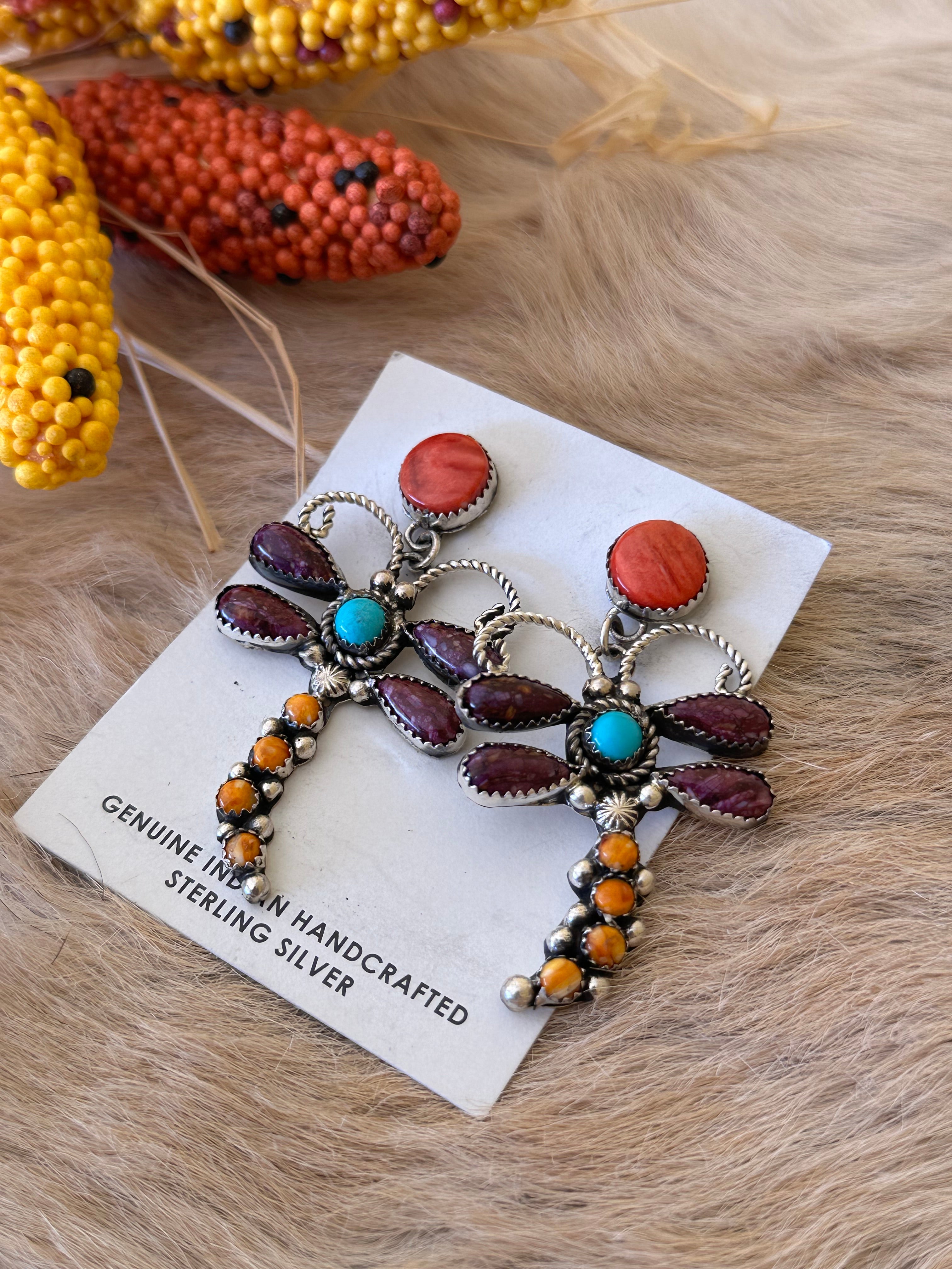 Navajo Made Multi Stone & Sterling Silver Post Dangle Earrings