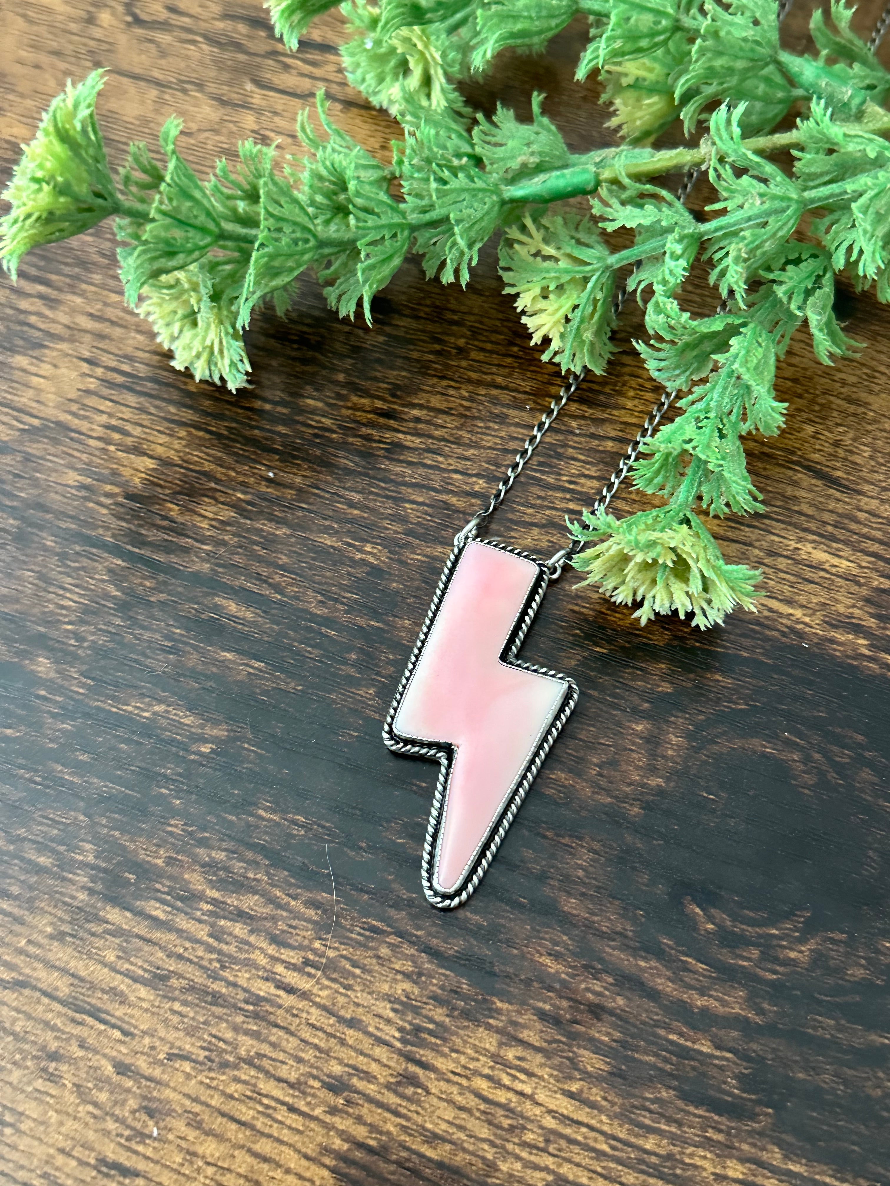 Navajo Made Pink Conch & Sterling Silver Lightning Bolt Necklace