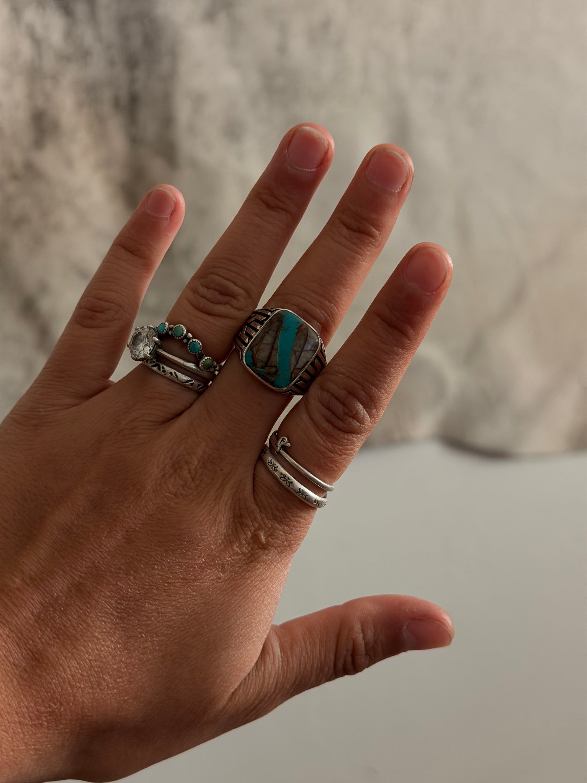 Navajo Made Royston Turquoise & Sterling Silver Cast Ring Size 8.25