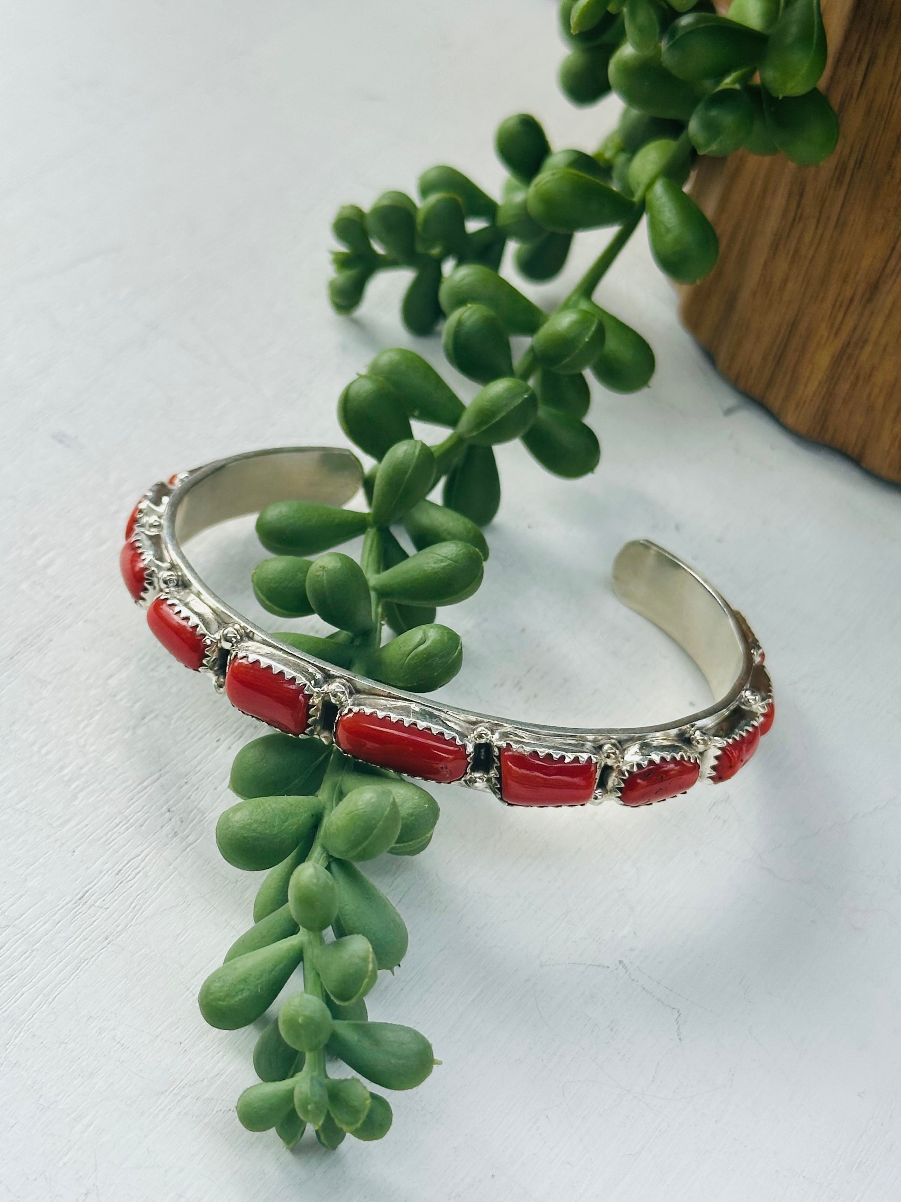 Annie Spencer Red Coral & Sterling Silver Cuff Bracelet