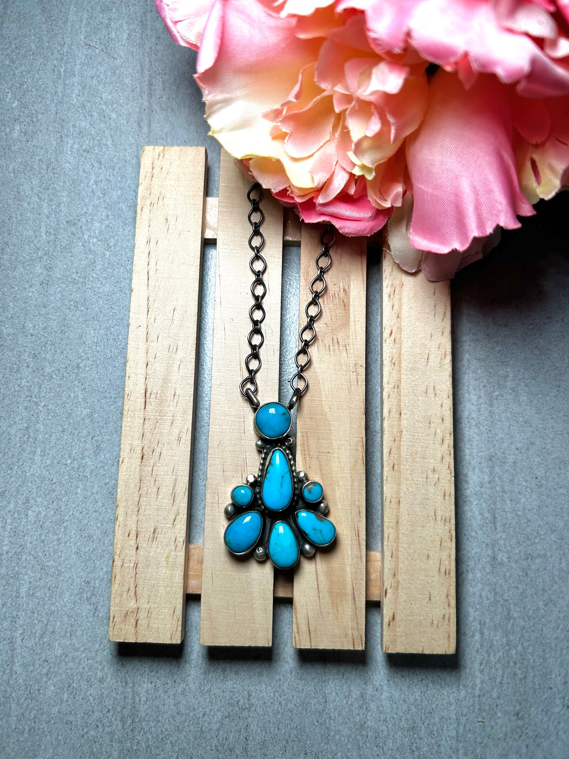 Navajo Made Kingman Turquoise & Sterling Silver Cluster Necklace