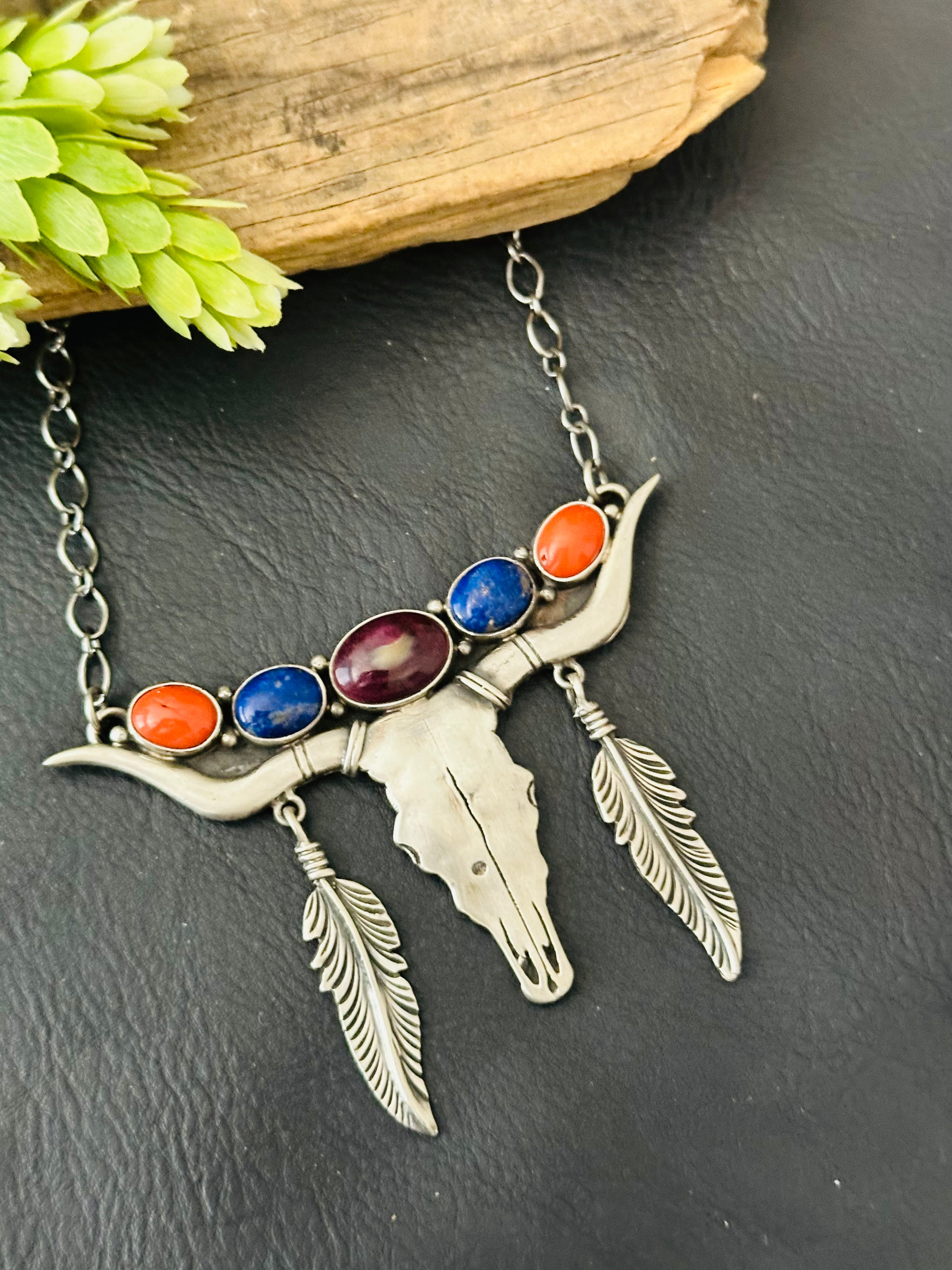 Mark Yazzie Multi Stone & Sterling Silver Bull Skull Necklace