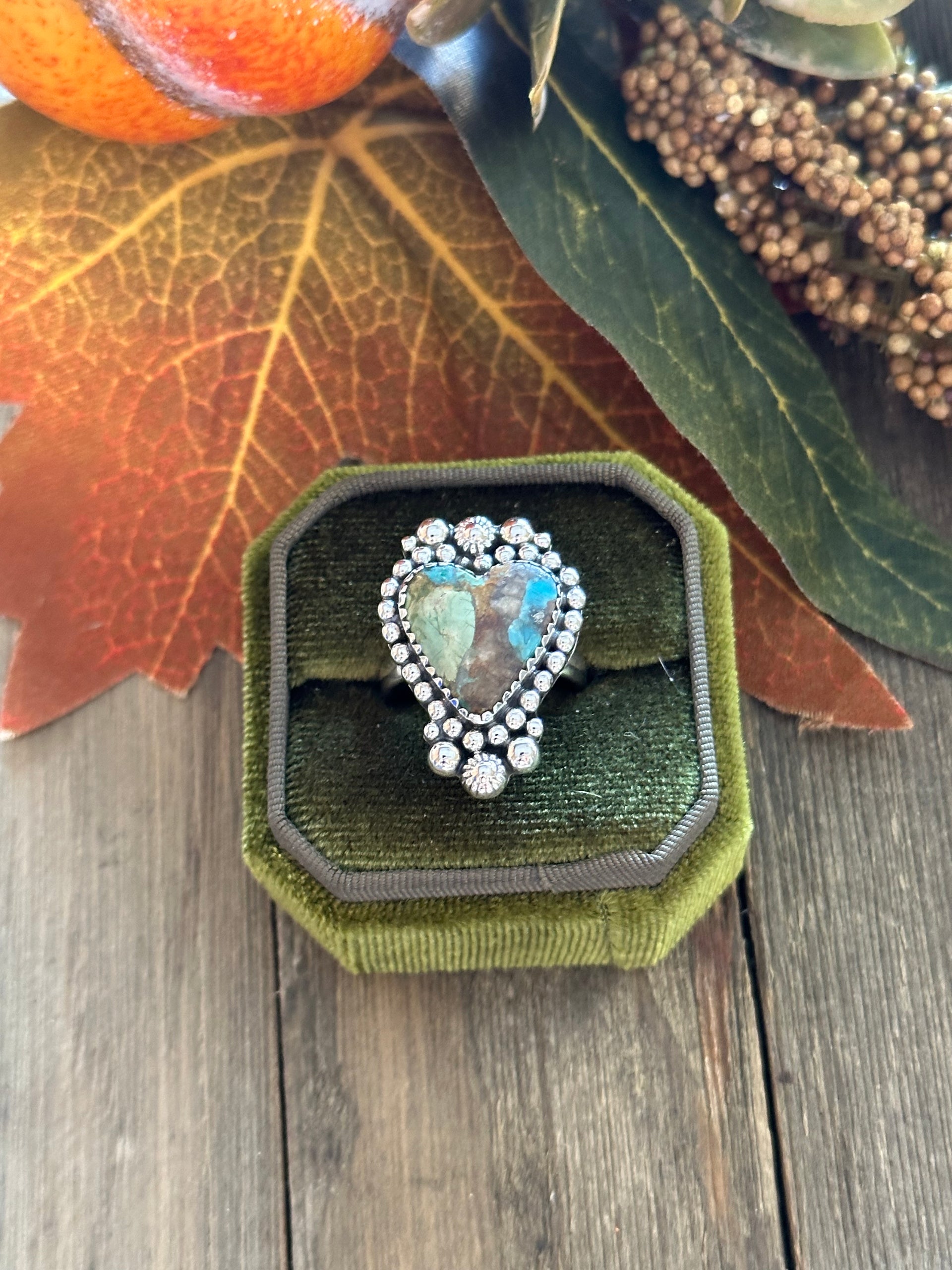 Southwest Handmade Mohave Turquoise & Sterling Silver Heart Ring Size 7.5