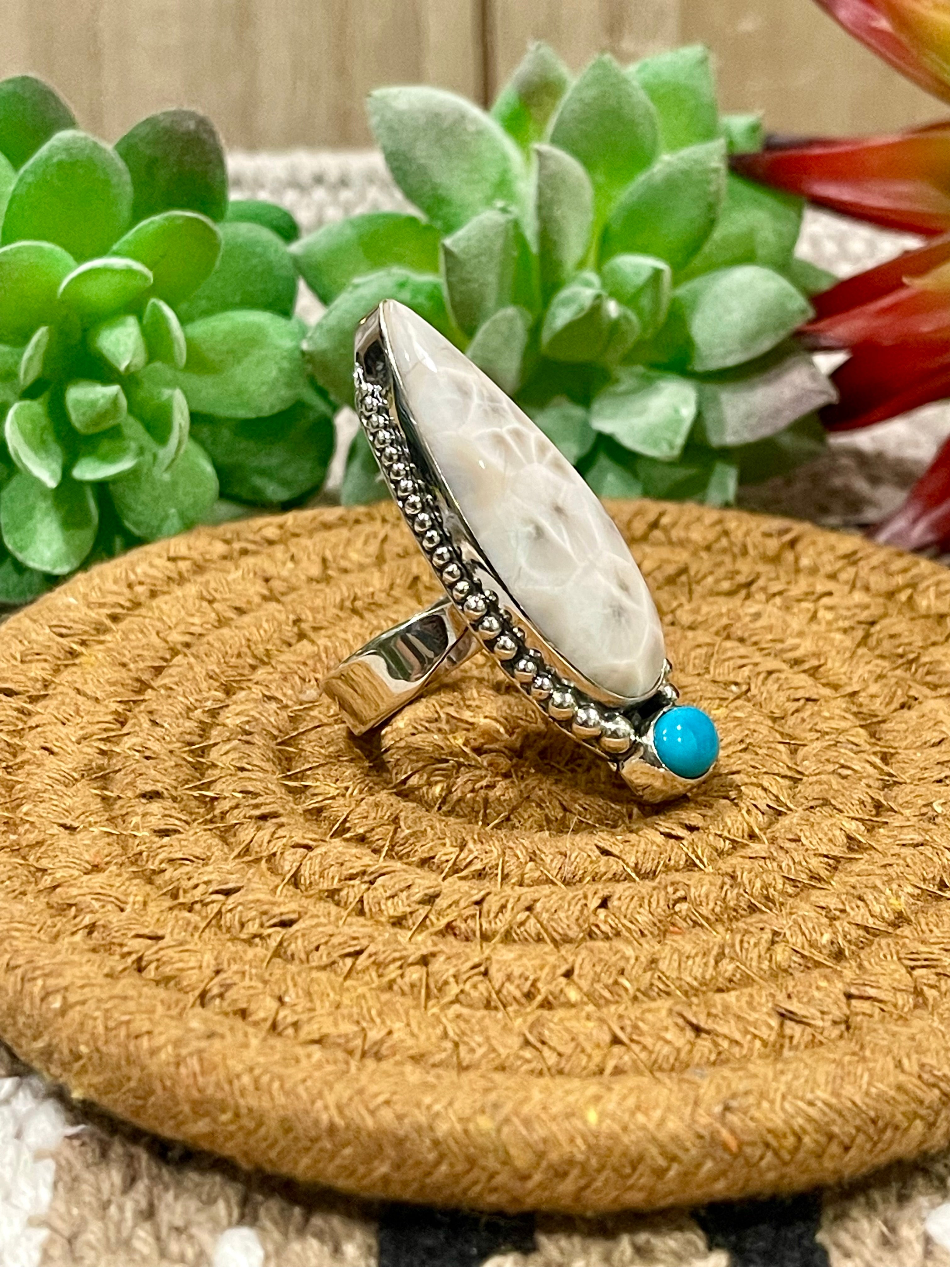 Southwest Handmade Pink Larimar With Kingman Turquoise & Sterling Silver Adjustable Ring