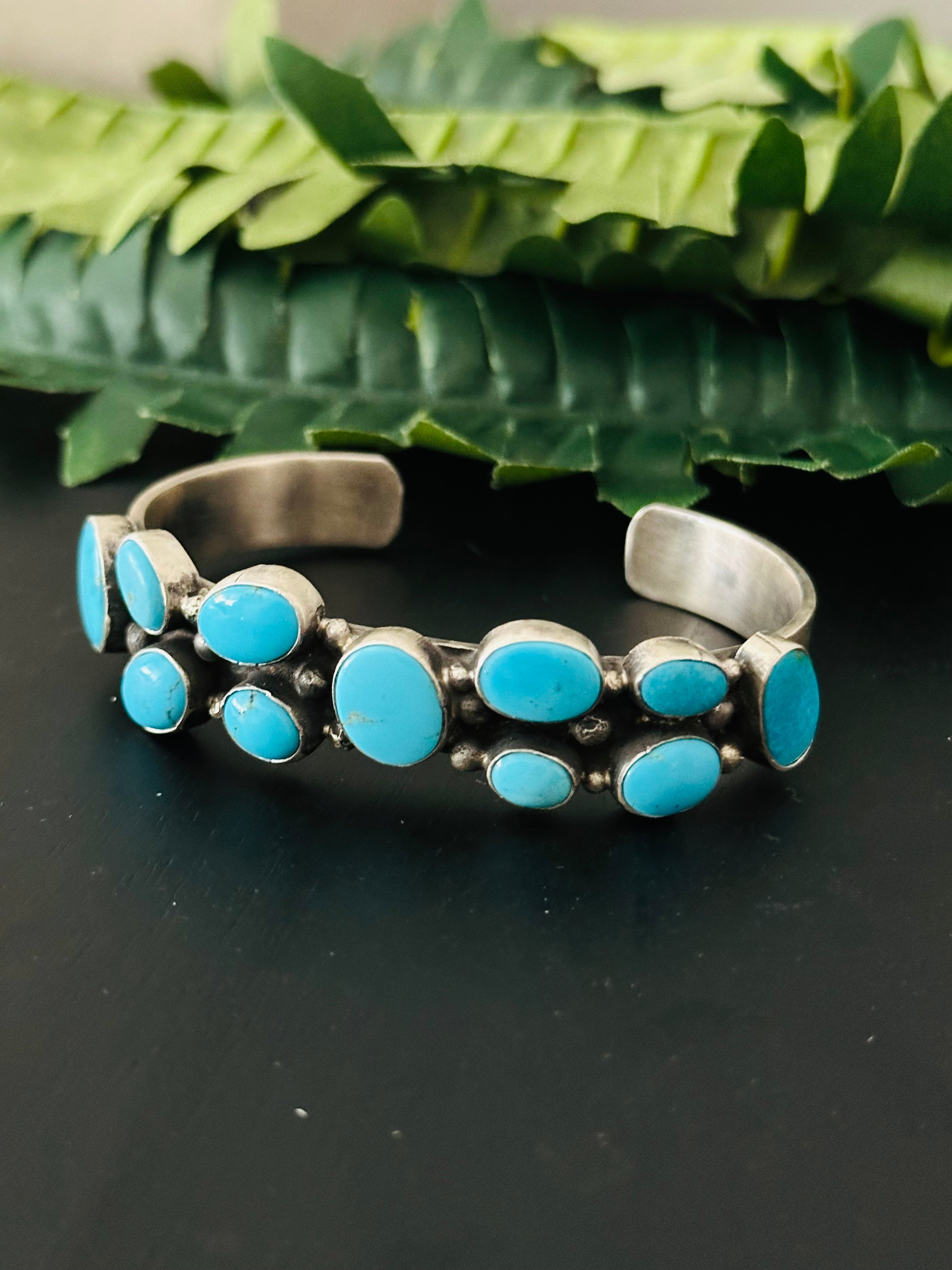 Bobby Johnson Kingman Turquoise & Sterling Silver Cluster Cuff Bracelet