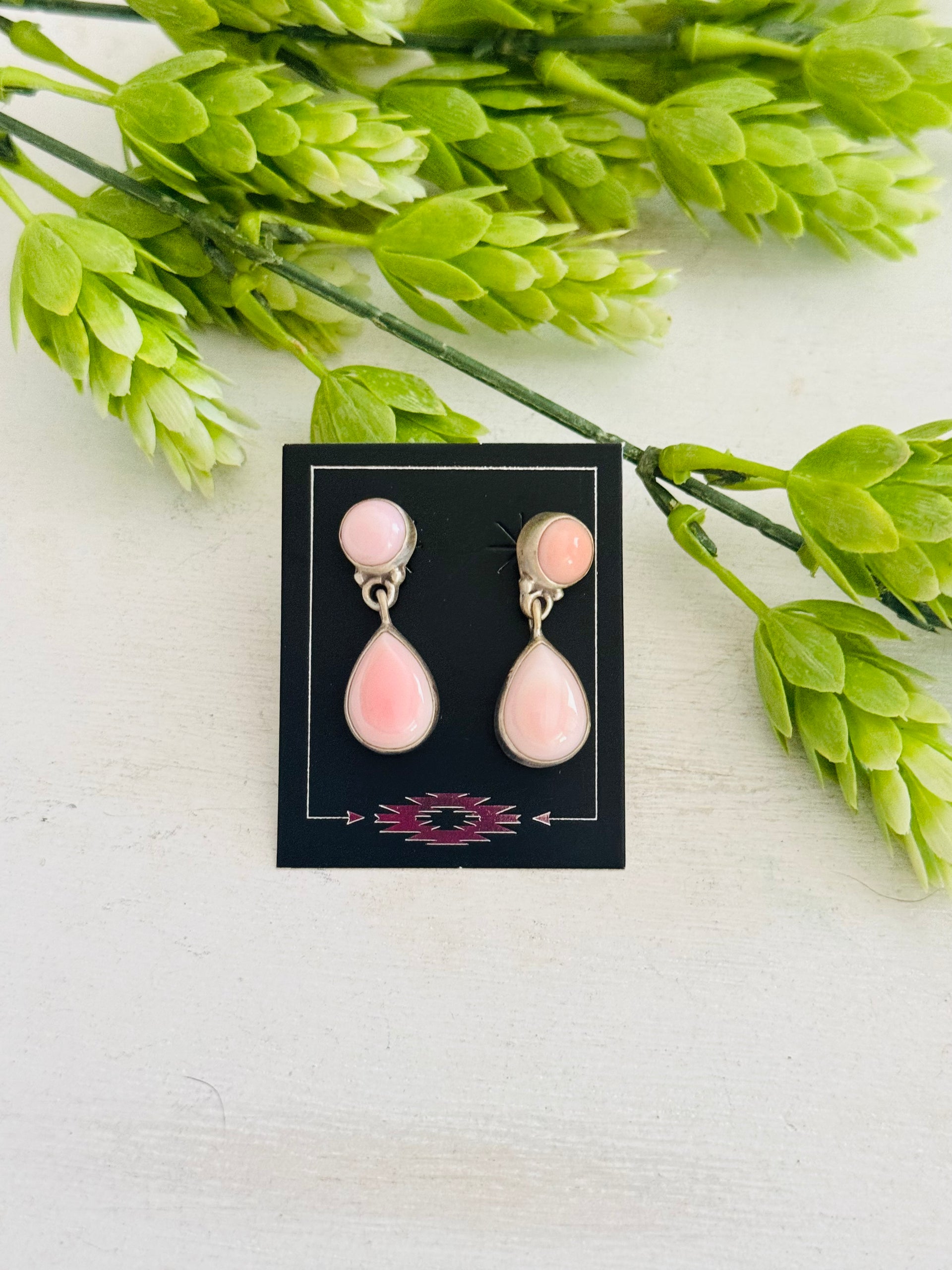 Southwest Made Pink Conch & Sterling Silver Post Dangle Earrings