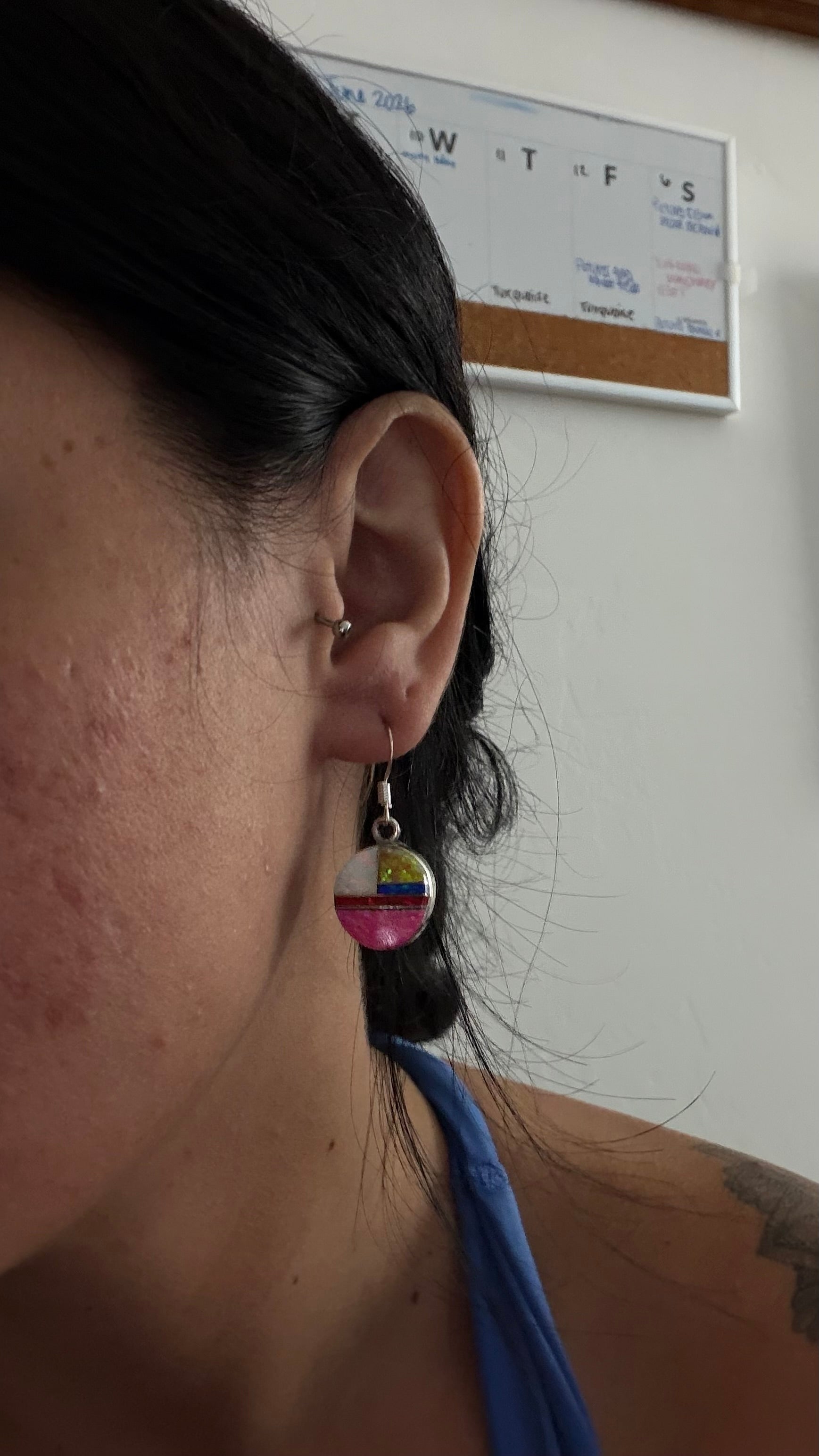 Navajo Made Opal (Man Made) & Sterling Silver Dangle Inlay Earrings