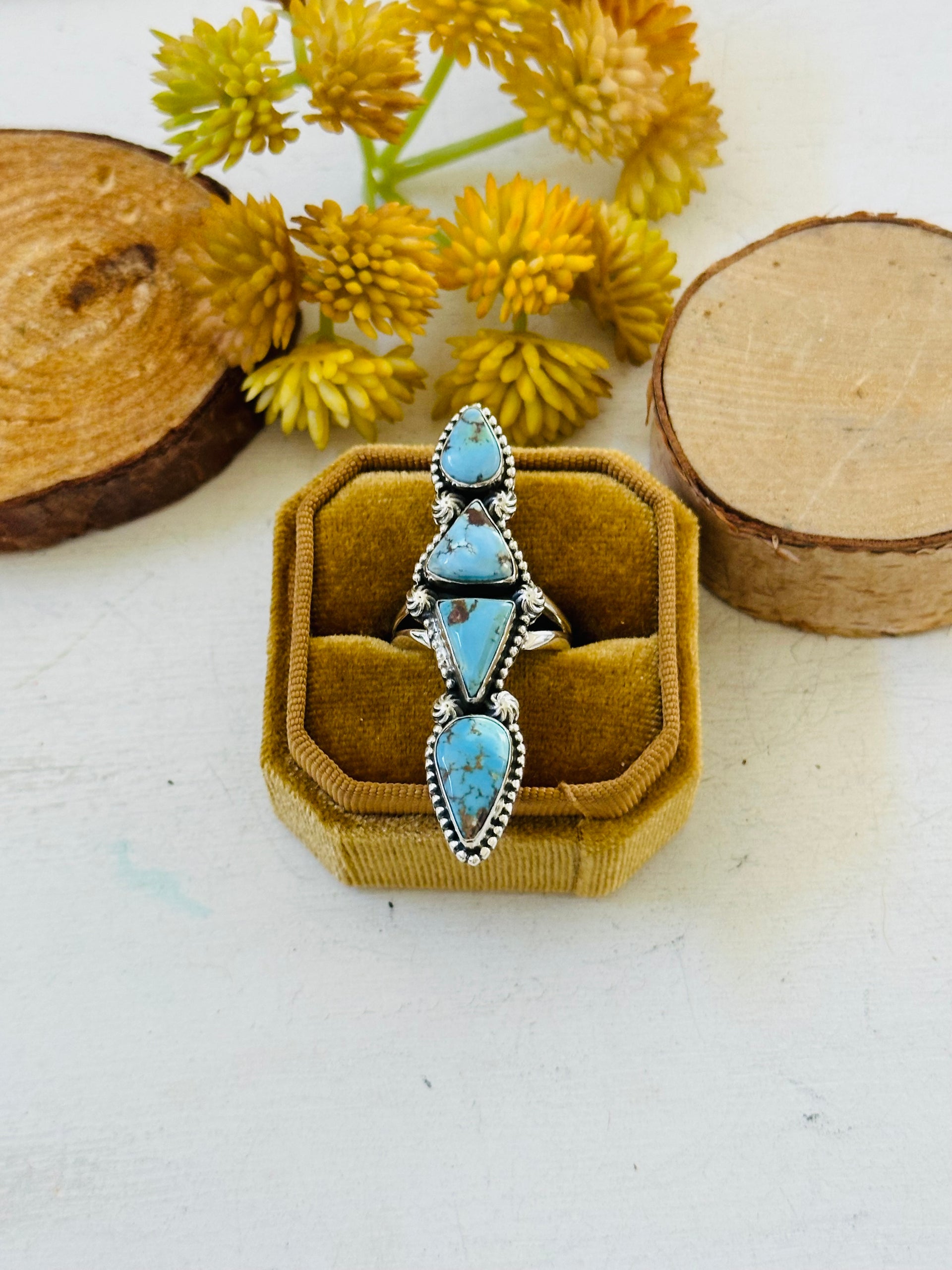Southwest Handmade Golden Hills Turquoise & Sterling Silver Ring Size 8.75